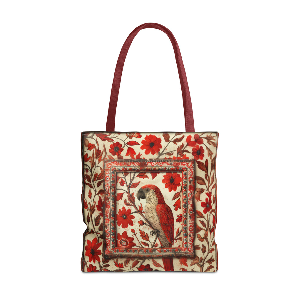 Canvas Tote Bag, vintage Red bird design, whimsical printed colorful design, Accessory bag, all over print