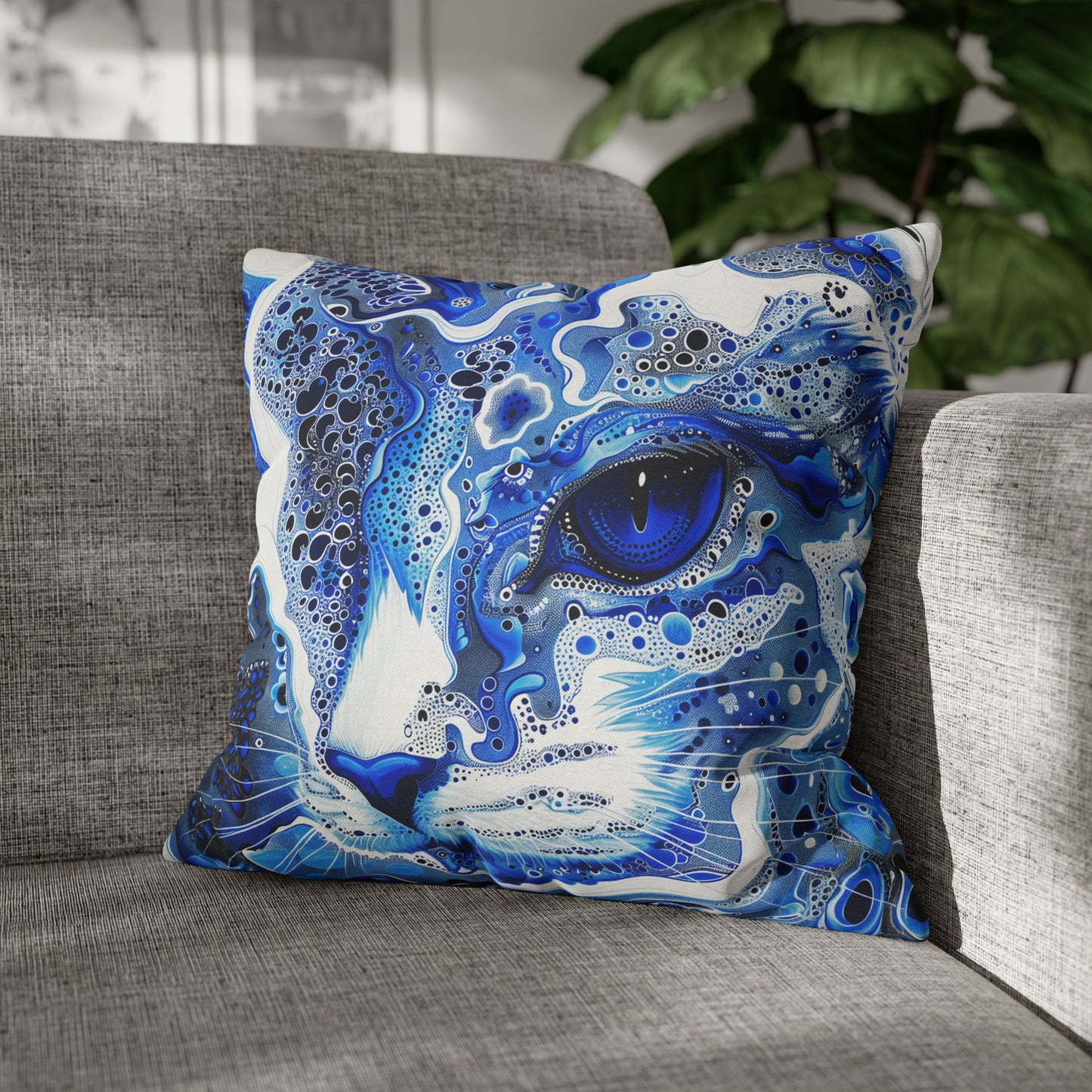 Modern style Blue cat pillow, beautiful animal accent pillow, Home decor for cat lover, unique whimsical cat theme, abstract art  style, case only