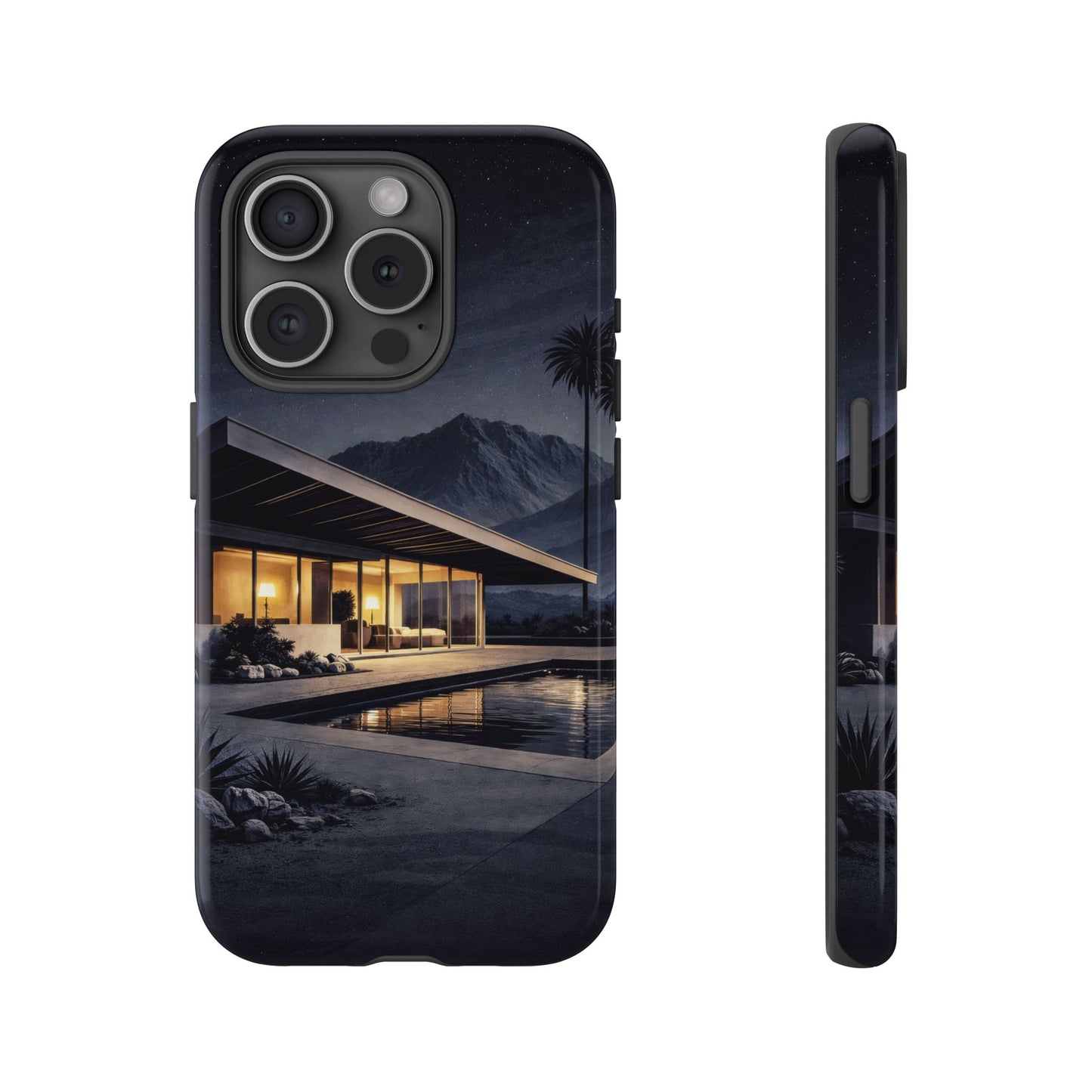 Modern Palm Springs House Phone Case — Mid-Century Poolside Evening Scene