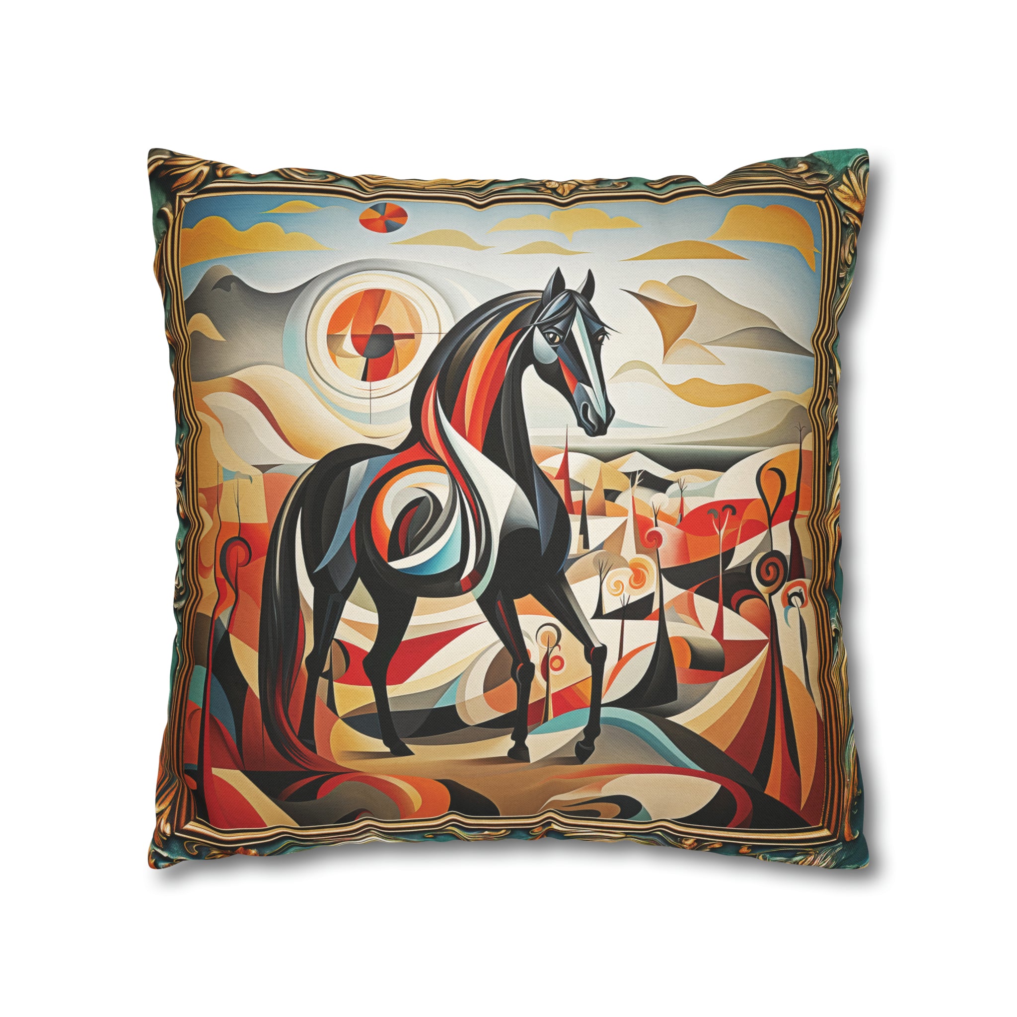 Square Pillow Case 18" x 18", CASE ONLY, no pillow form, original Art ,Colorful, Beautiful Cubist Style Horse on a colorful Landscape with Mountains