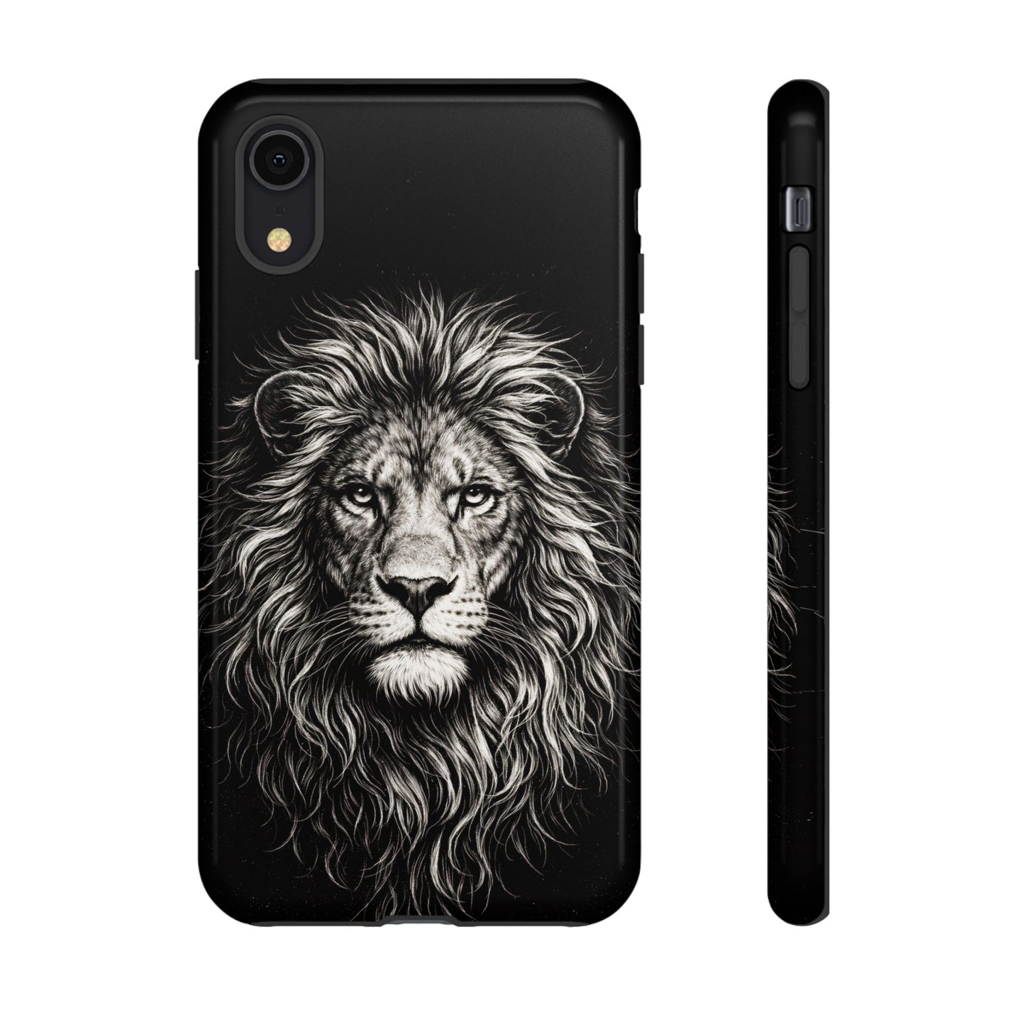 Lion Portrait Tough Phone Case — Protective Black Rugged Case with Detailed Lion Artwork