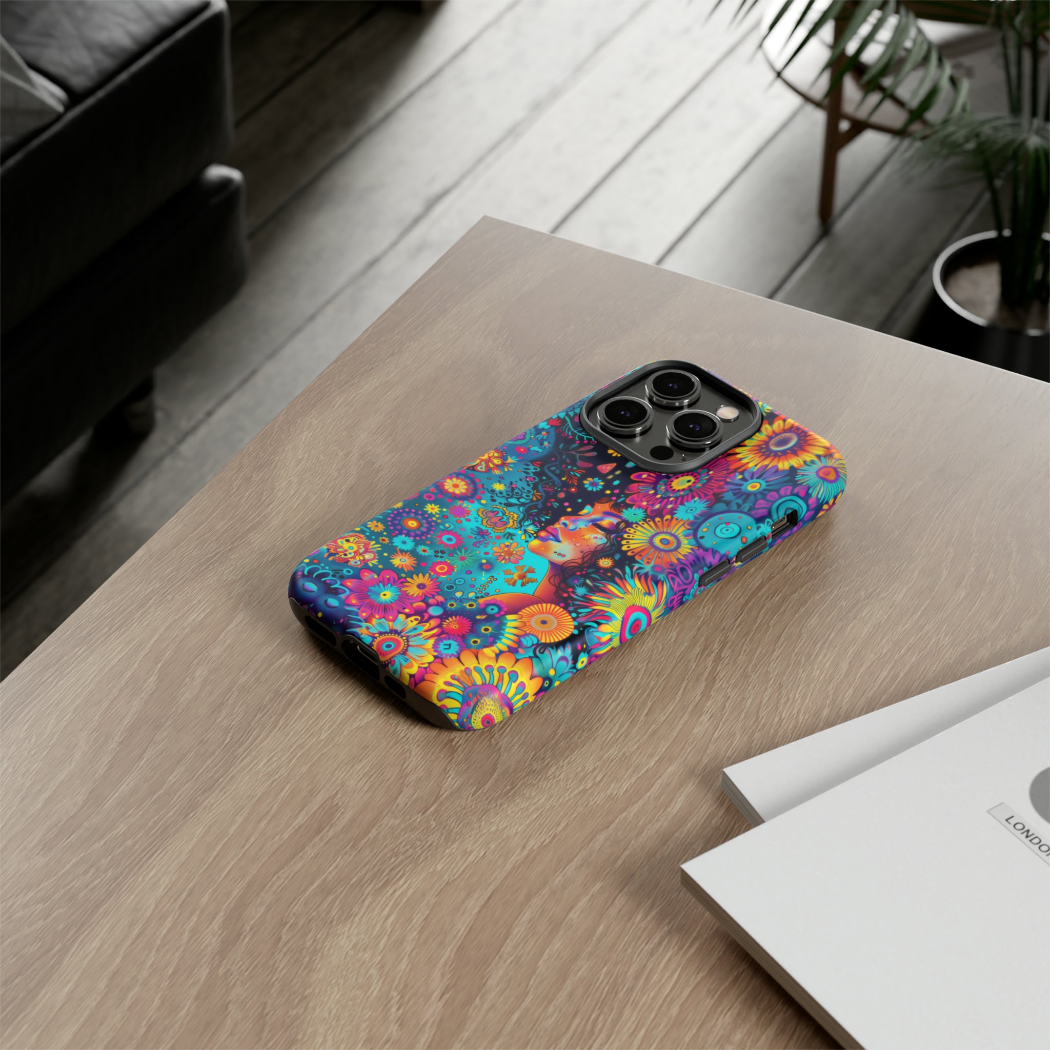 Phone Case, 1970's inspired flower girl, Artistic design, Tough Case, Colorful whimsical flower fantasy design, iPhone 15, 14, 13, 12, 11, Samsung, Pixel