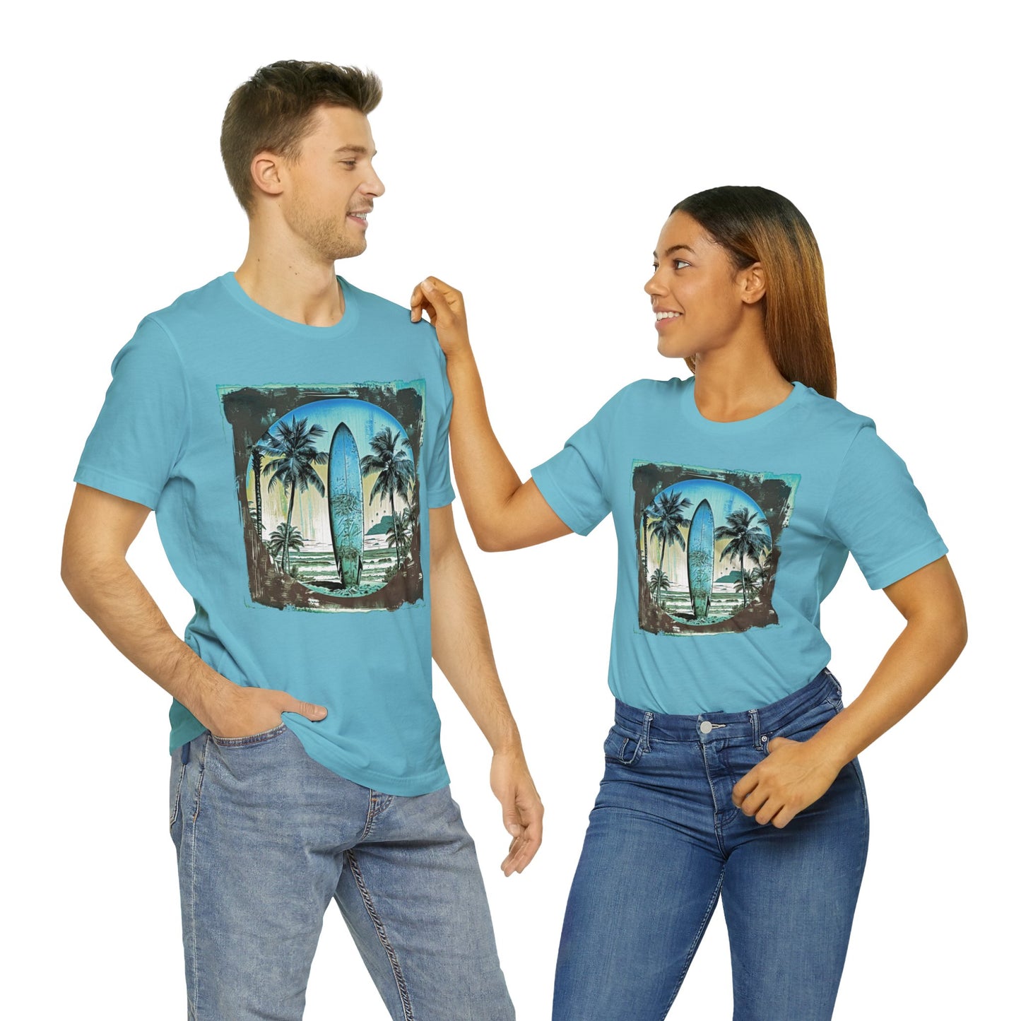 Blue board on the beach Unisex Jersey Short Sleeve Tee