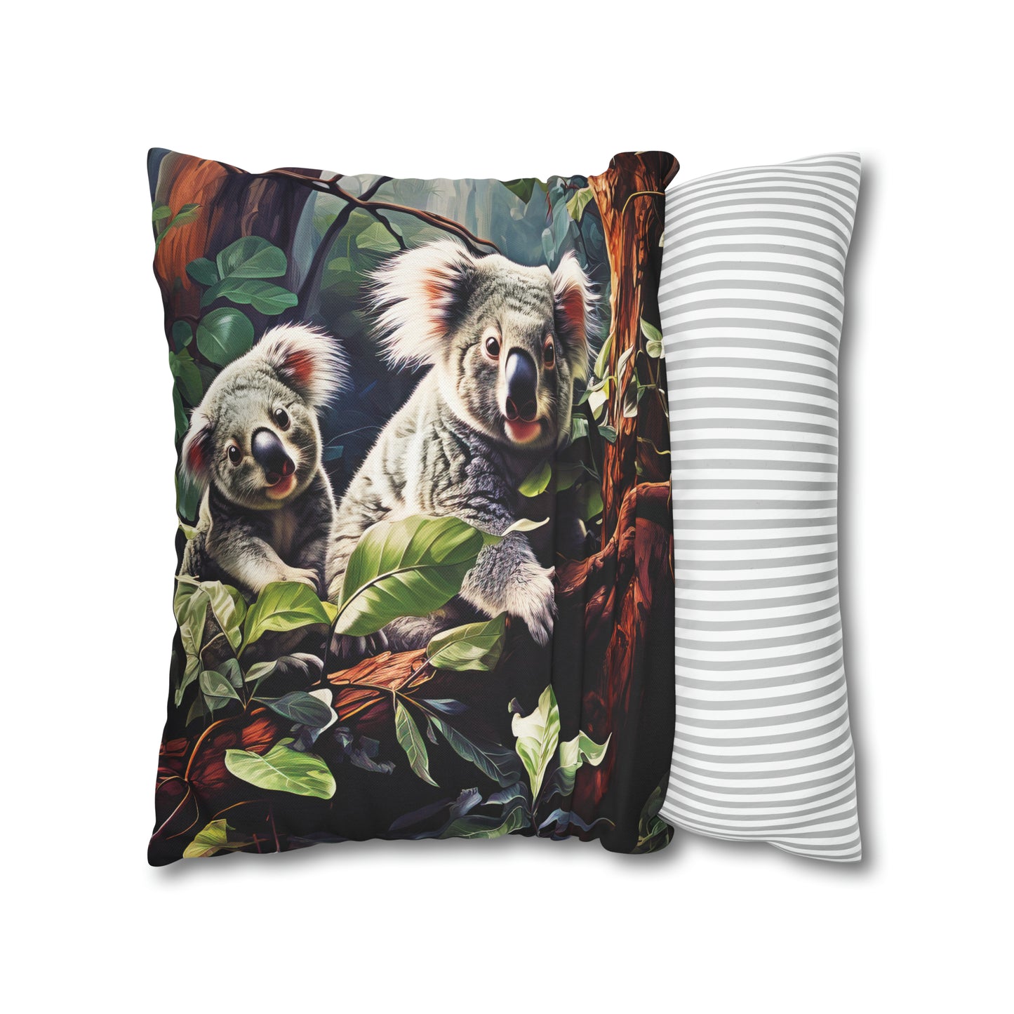 Square Pillow Case 18" x 18", CASE ONLY, no pillow form, original Art ,Colorful, Mother and Joey Koala on a Tree Branch in the Forest