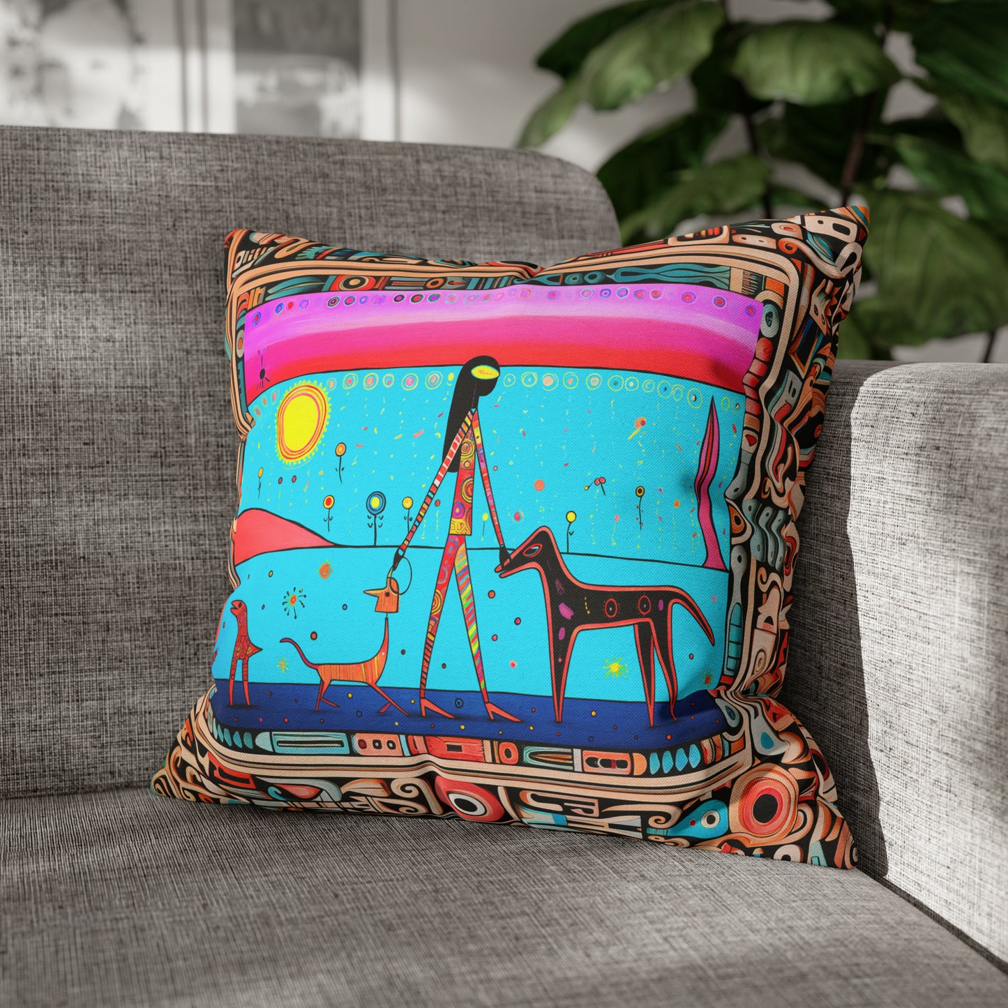 Square Pillow Case 18" x 18", CASE ONLY, no pillow form, original Pop Art Style, Alien Dog Walker, In a Frame