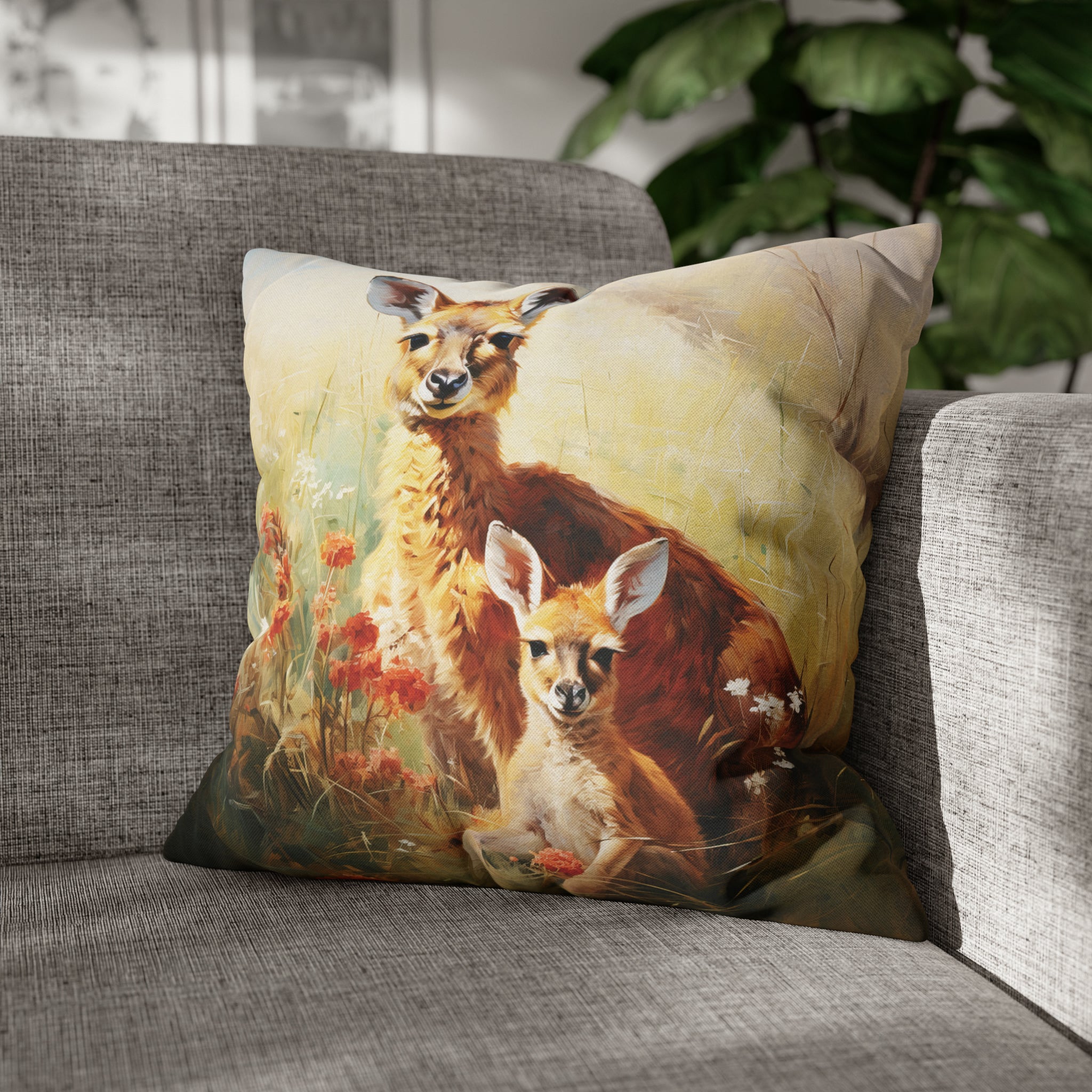 Square Pillow Case 18" x 18", CASE ONLY, no pillow form, original Art ,Colorful, a Mother Kangaroo with Her Joey in the Golden Grass with Flowers