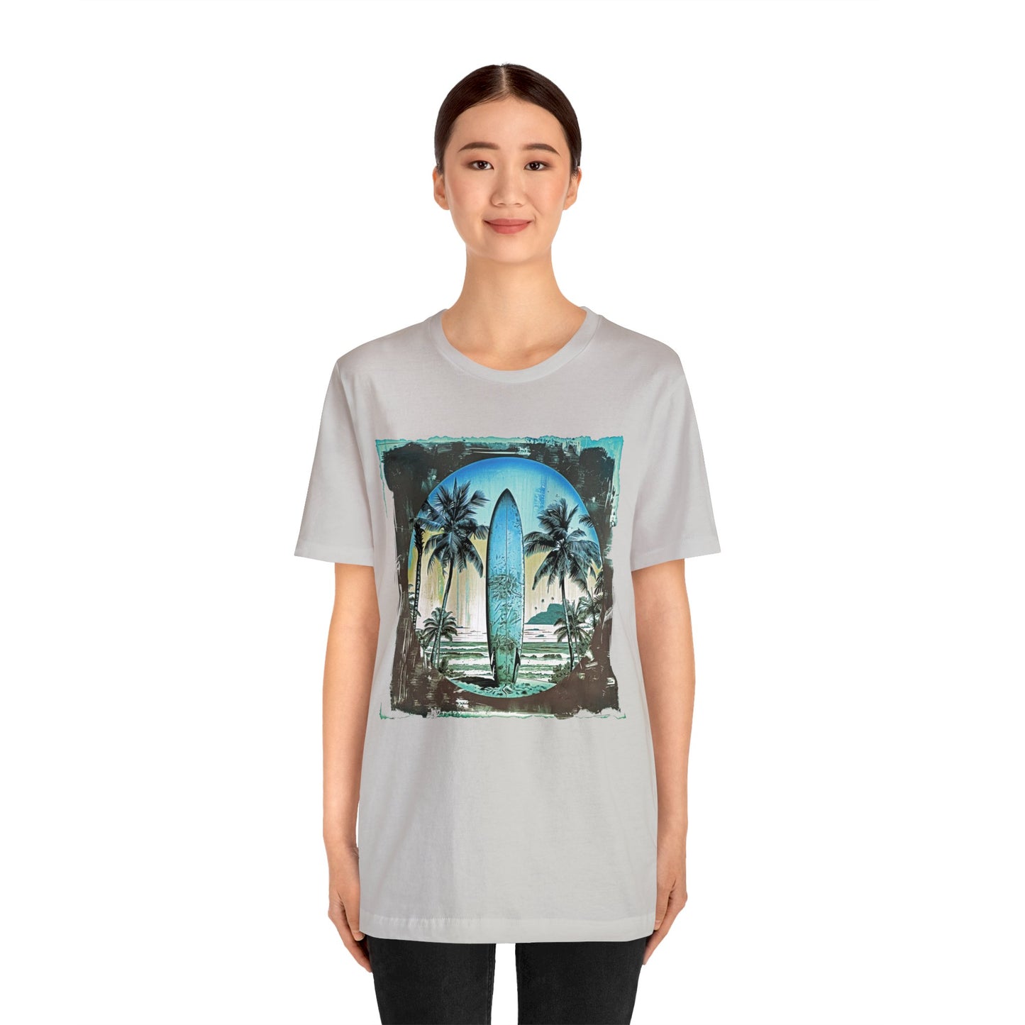 Blue board on the beach Unisex Jersey Short Sleeve Tee