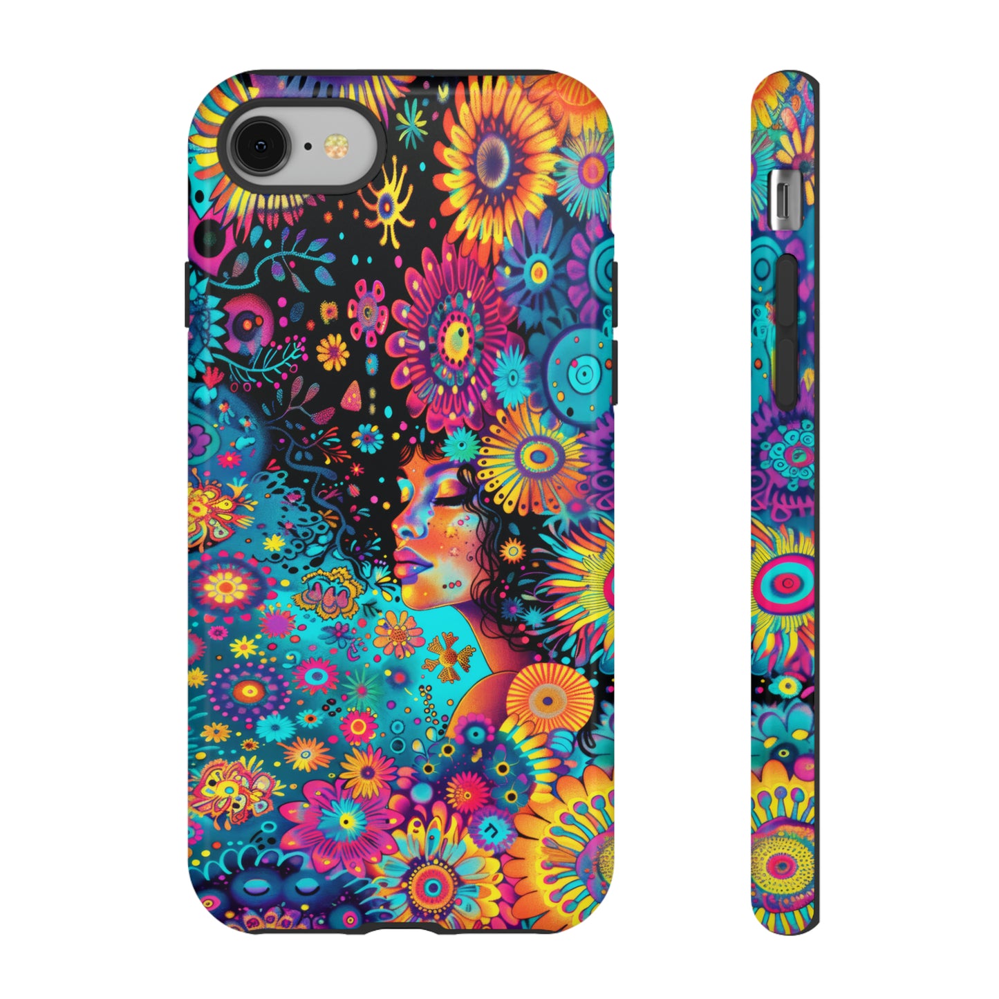 Phone Case, 1970's inspired flower girl, Artistic design, Tough Case, Colorful whimsical flower fantasy design, iPhone 15, 14, 13, 12, 11, Samsung, Pixel