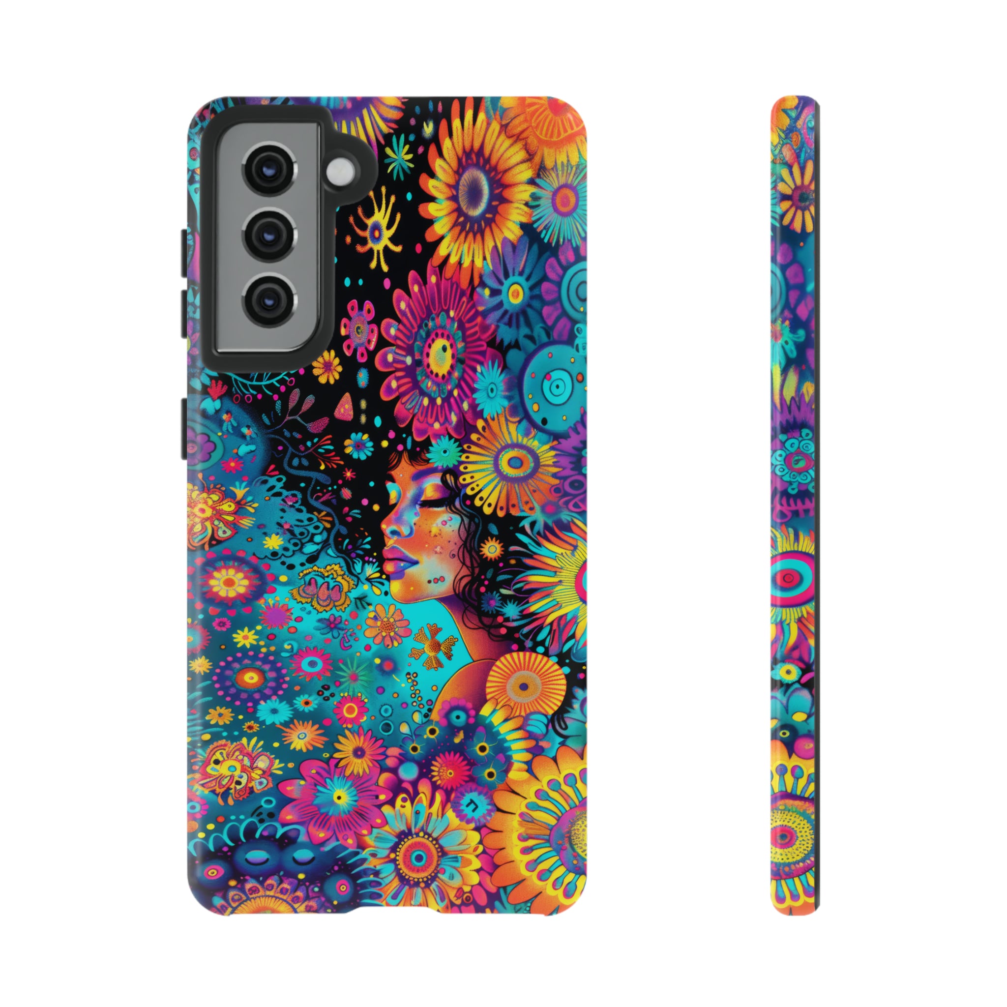 Phone Case, 1970's inspired flower girl, Artistic design, Tough Case, Colorful whimsical flower fantasy design, iPhone 15, 14, 13, 12, 11, Samsung, Pixel