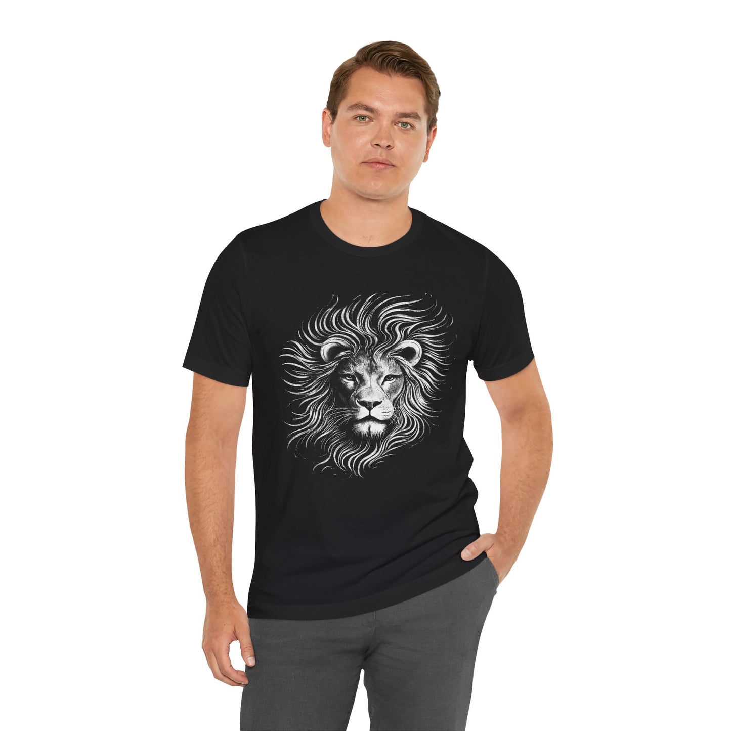 Lion Head Graphic Tee in hand drawn chalk style — Majestic Monochrome Lion Illustration T-Shirt
