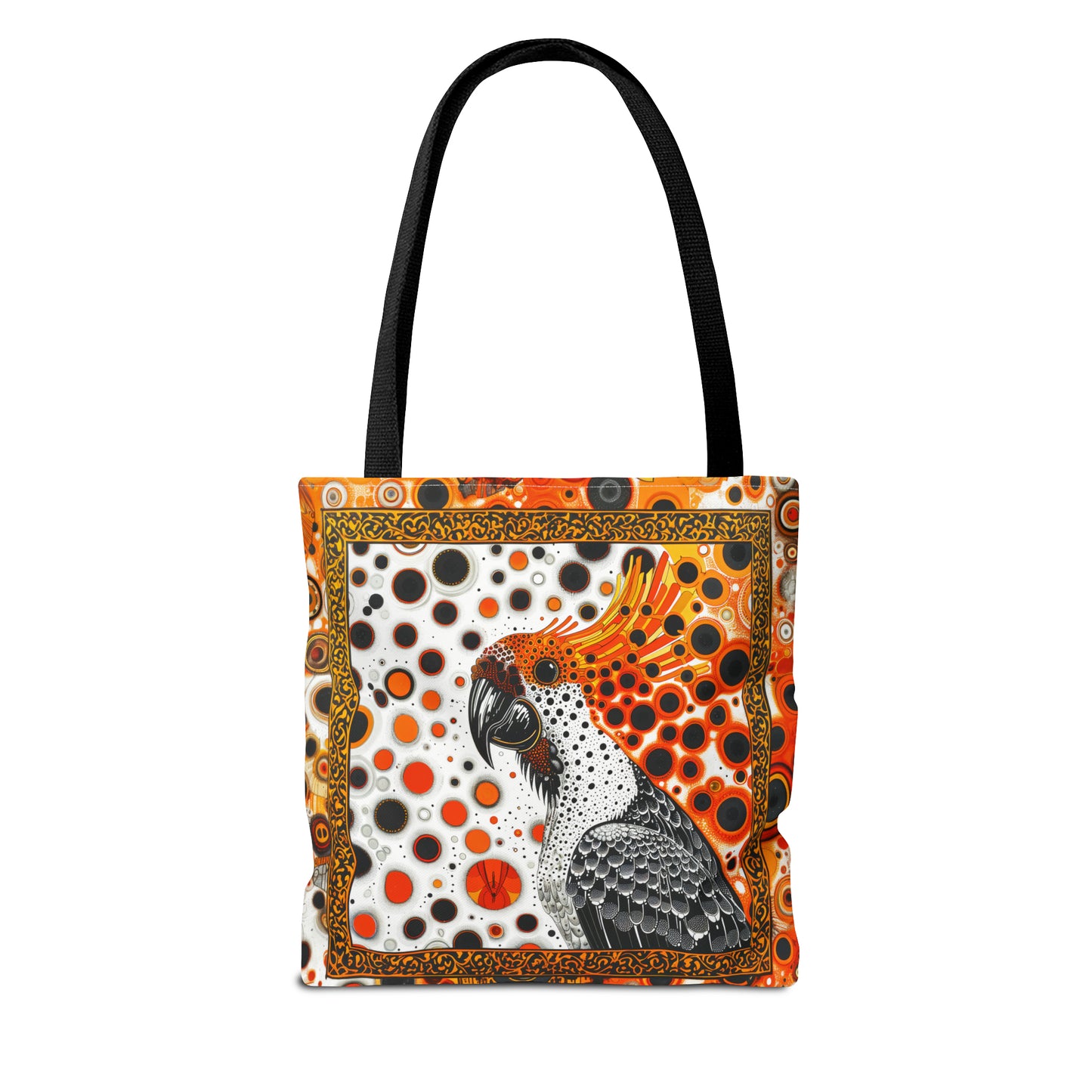 Canvas Tote Bag, Mod inspired orange bird design, vibrant artistic accessory, whimsical all over print bag in three sizes with cockatoo design