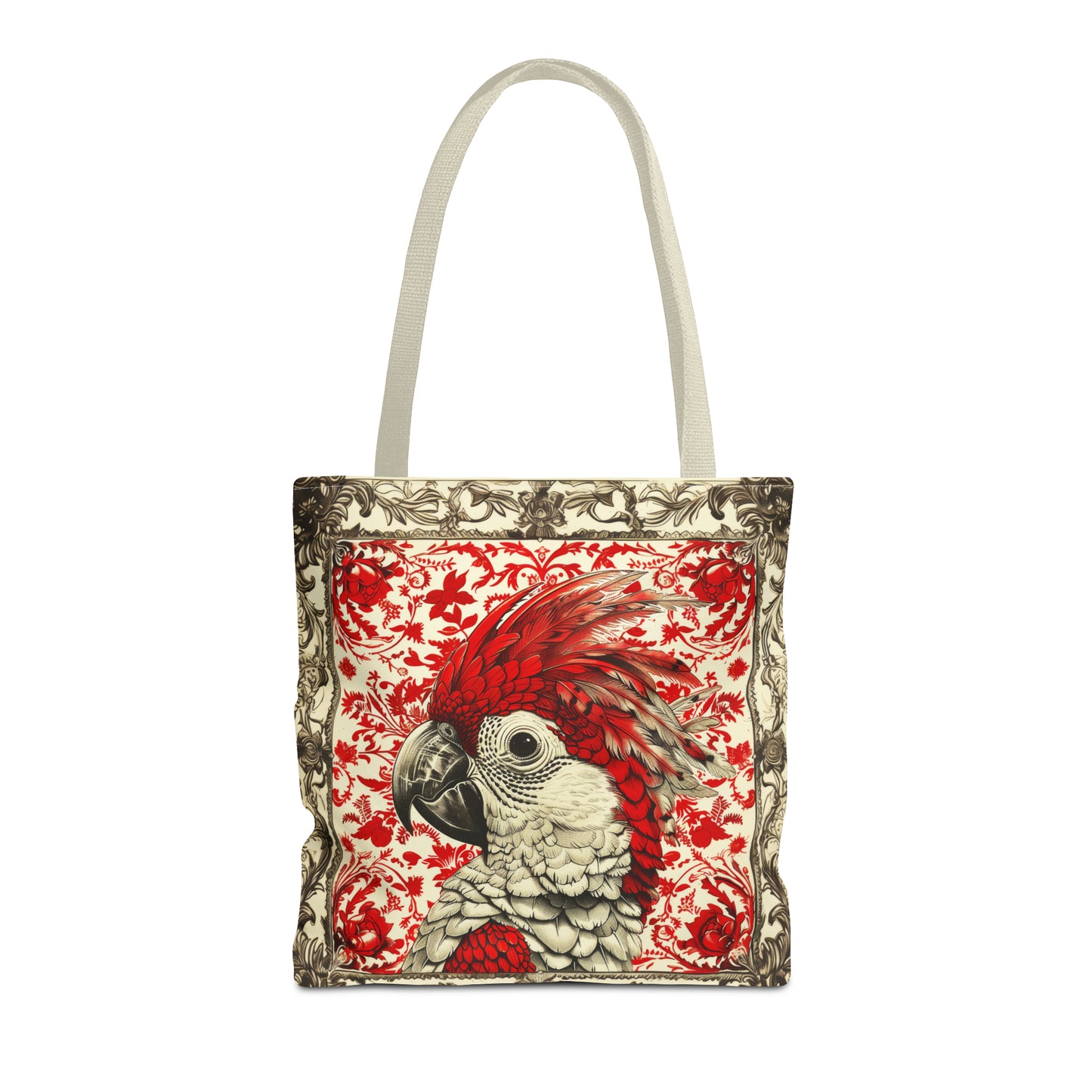 Canvas Tote Bag, vintage inspired bird design in red, vibrant artistic accessory, all over print bag