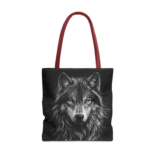 Wolf Portrait Drawing Tote Bag — Black Realistic Wolf Face All-Over Print