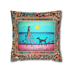 Square Pillow Case 18" x 18", CASE ONLY, no pillow form, original Pop Art Style, Alien Walking Her Dog on Mars, in a Frame