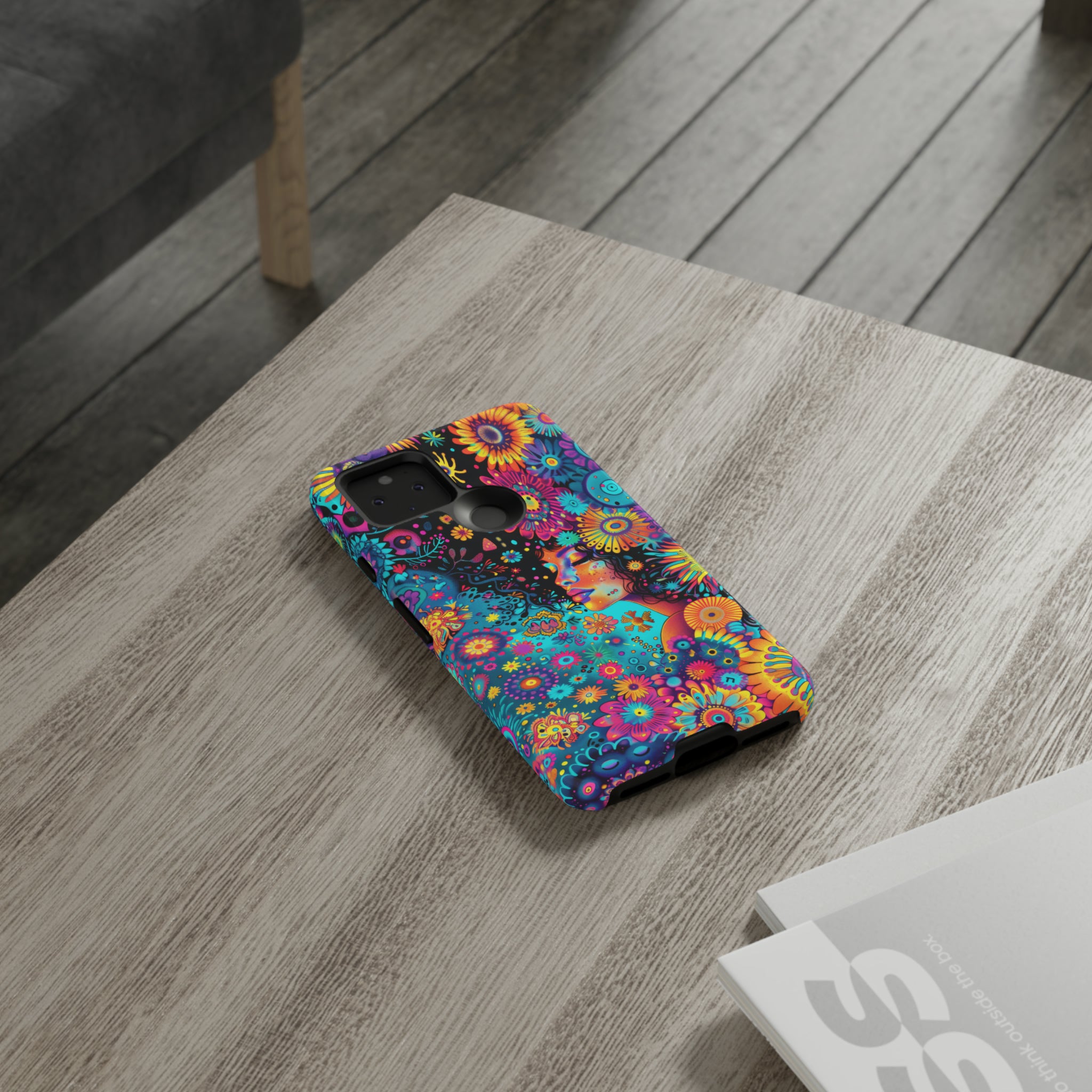 Phone Case, 1970's inspired flower girl, Artistic design, Tough Case, Colorful whimsical flower fantasy design, iPhone 15, 14, 13, 12, 11, Samsung, Pixel