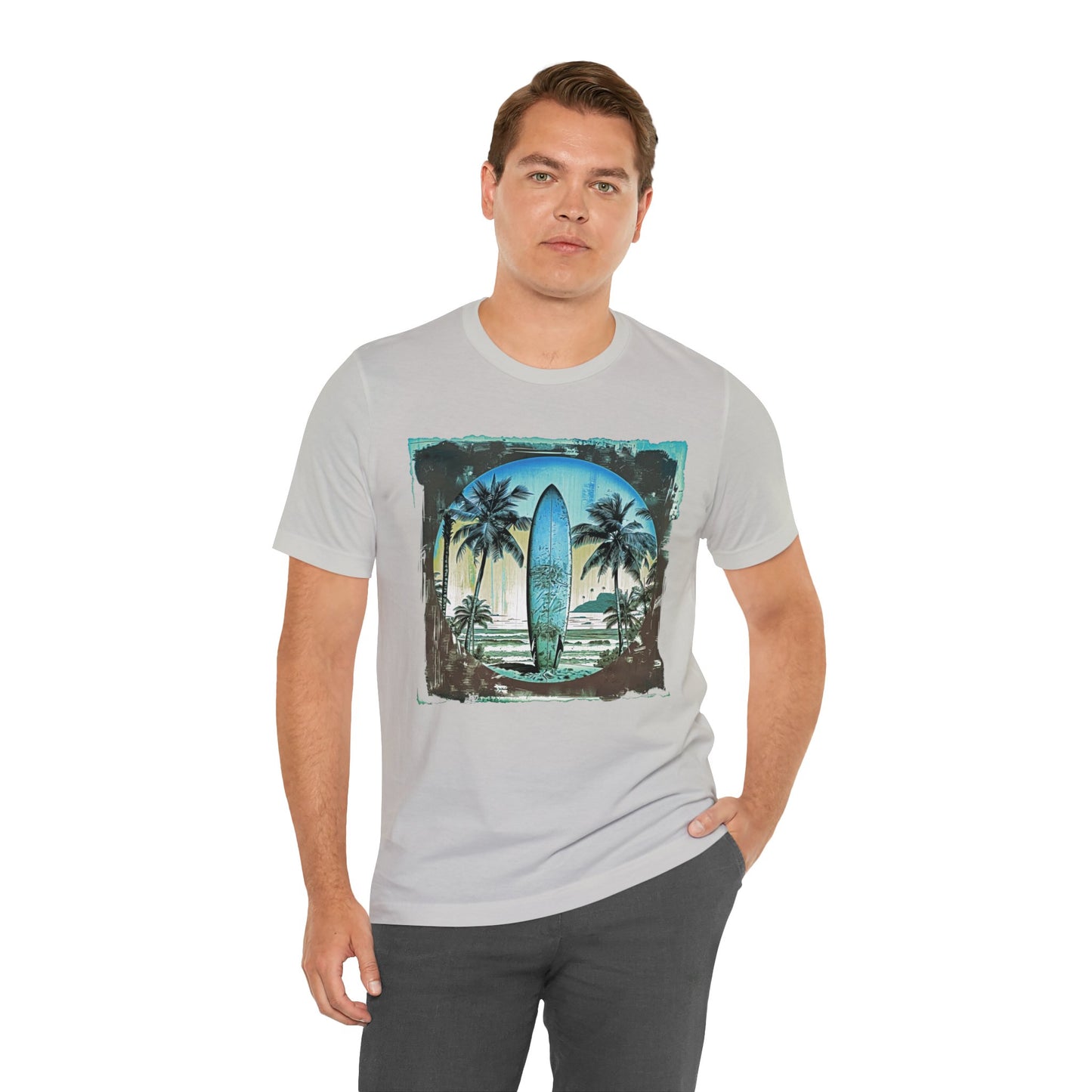 Blue board on the beach Unisex Jersey Short Sleeve Tee