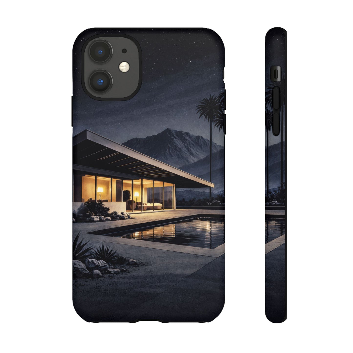 Modern Palm Springs House Phone Case — Mid-Century Poolside Evening Scene
