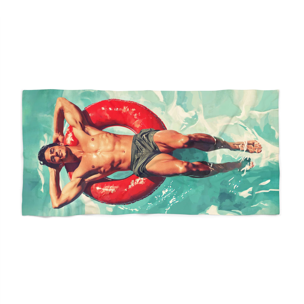 Man on a red pool float Beach Towel 36" x 72"
