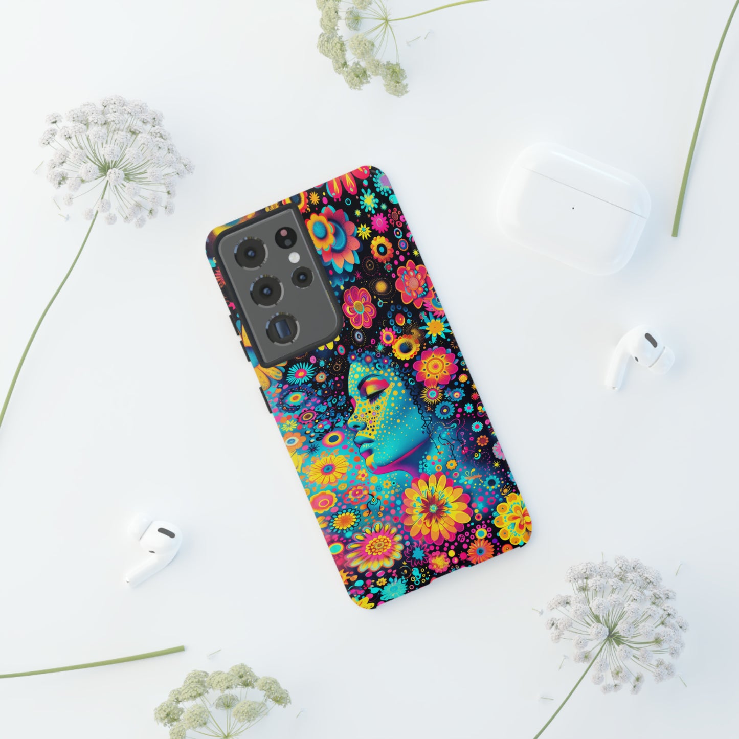 Phone Case, flower girl in aqua, Artistic design, Tough Case, Colorful whimsical flower fantasy design, iPhone 15, 14, 13, 12, 11, Samsung, Pixel