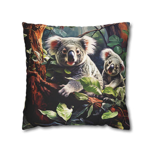 Square Pillow Case 18" x 18", CASE ONLY, no pillow form, original Art ,Colorful, Mother and Joey Koala on a Tree Branch in the Forest