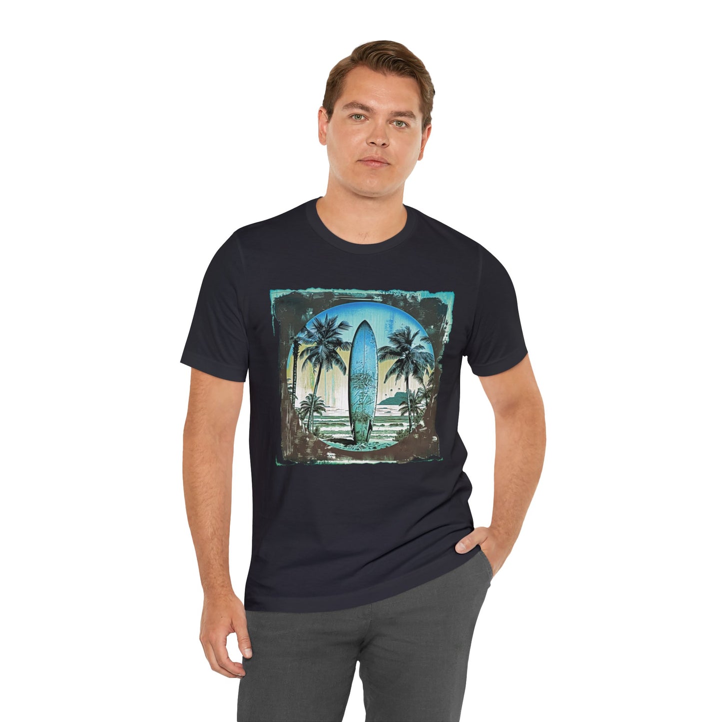 Blue board on the beach Unisex Jersey Short Sleeve Tee