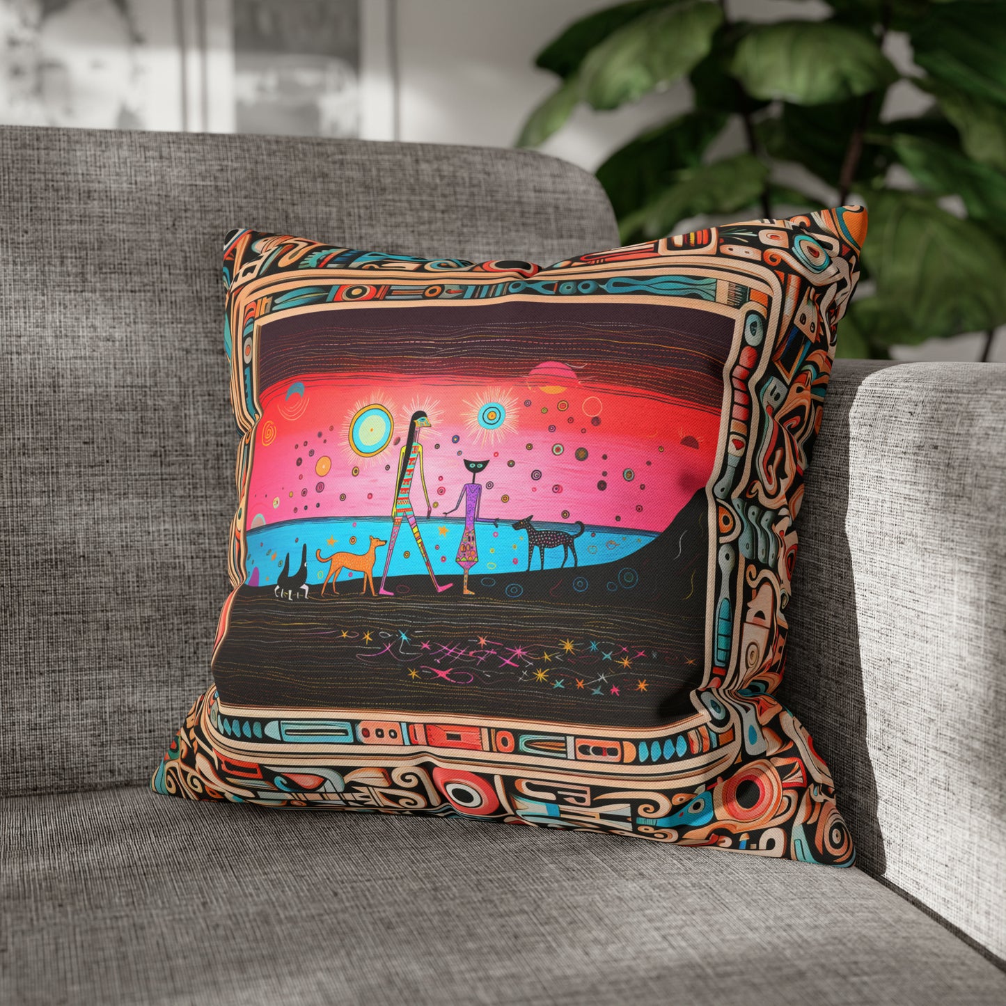 Square Pillow Case 18" x 18", CASE ONLY, no pillow form, original Pop Art Style, Walking on Black Sand Beach, in a Frame