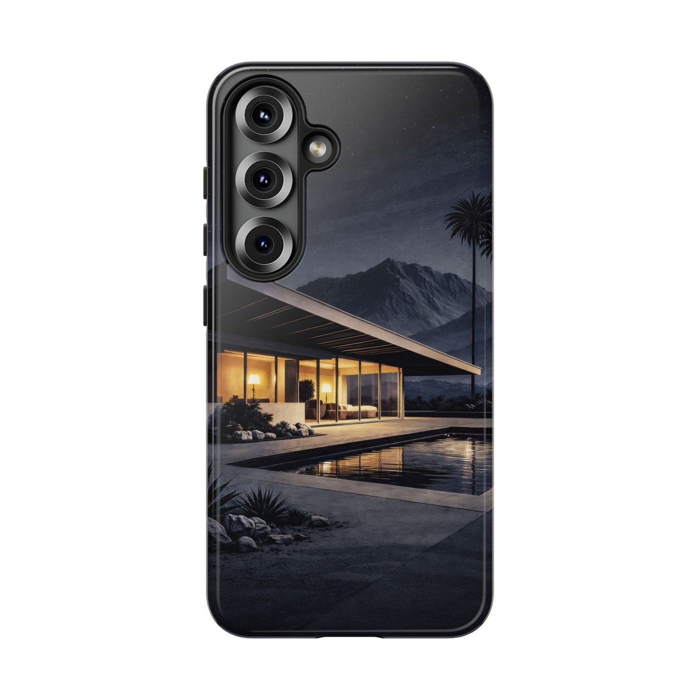 Modern Palm Springs House Phone Case — Mid-Century Poolside Evening Scene