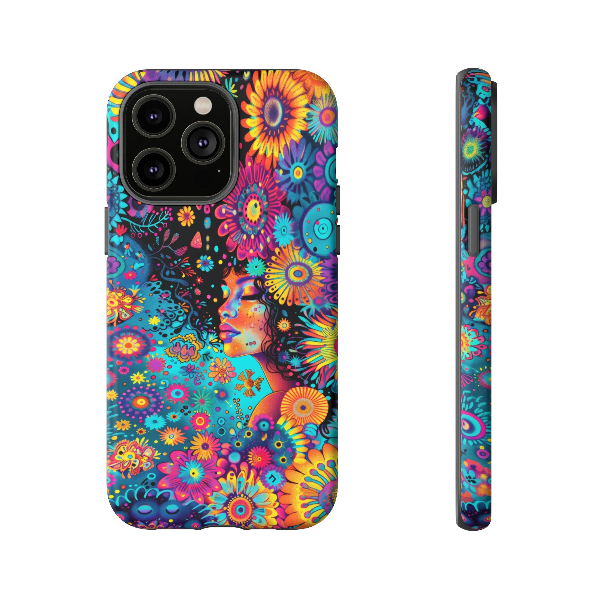 Phone Case, 1970's inspired flower girl, Artistic design, Tough Case, Colorful whimsical flower fantasy design, iPhone 15, 14, 13, 12, 11, Samsung, Pixel