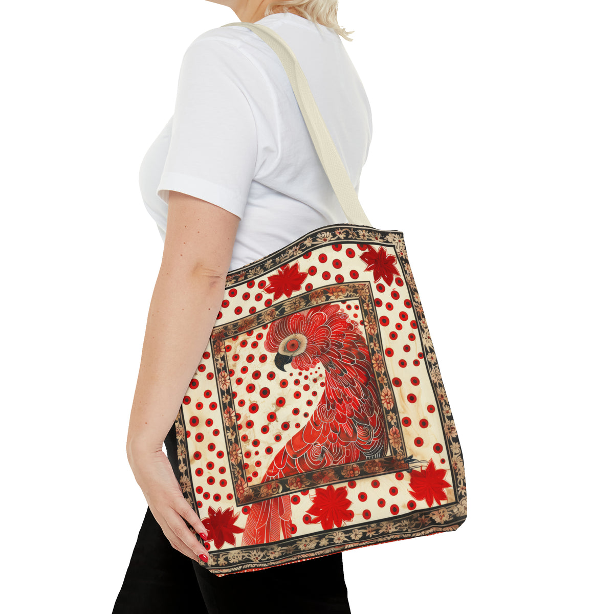 CanvasTote Bag, vintage inspired red cockatoo design, whimsical colorful printed bag, accessory tote , three sizes, all over print