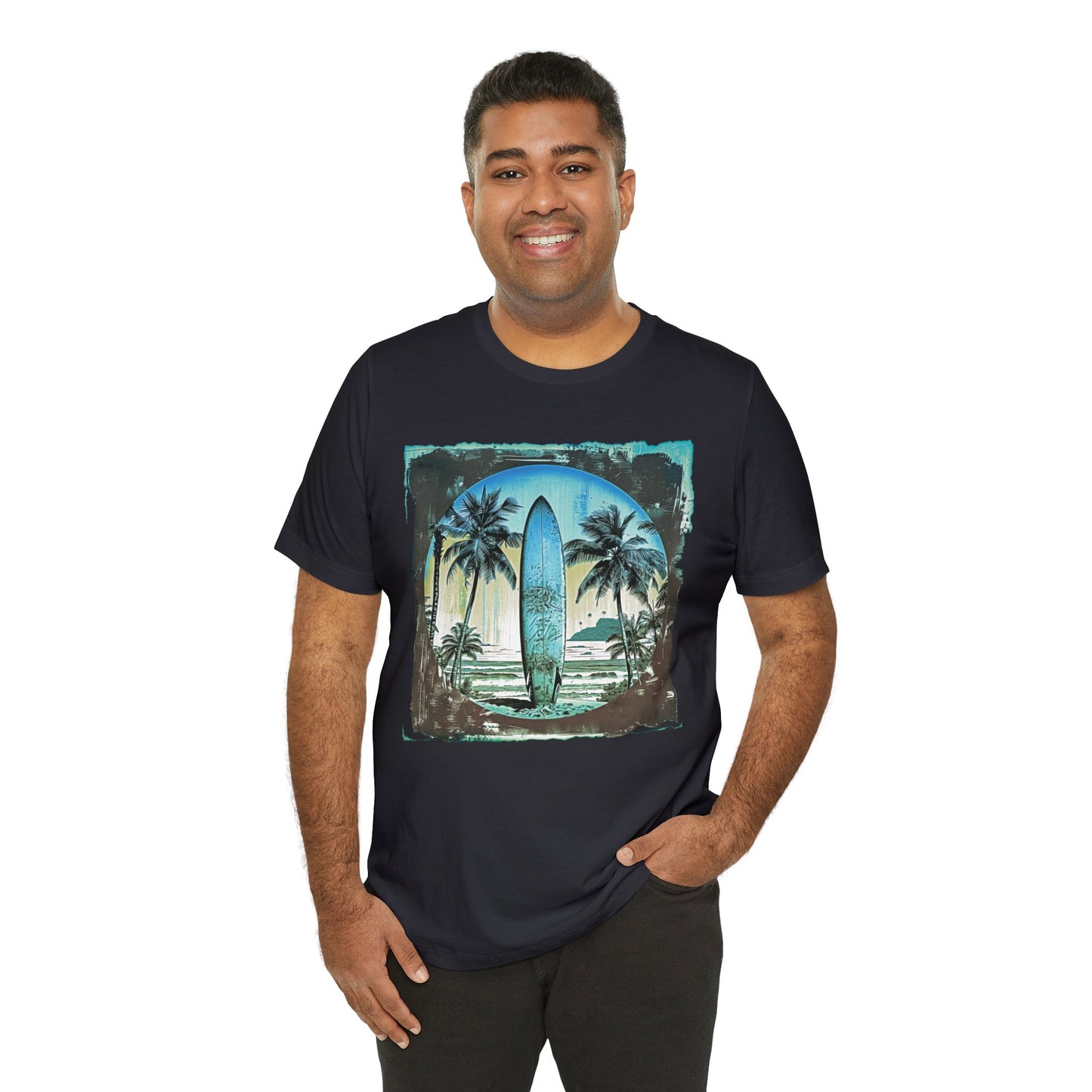 Blue board on the beach Unisex Jersey Short Sleeve Tee