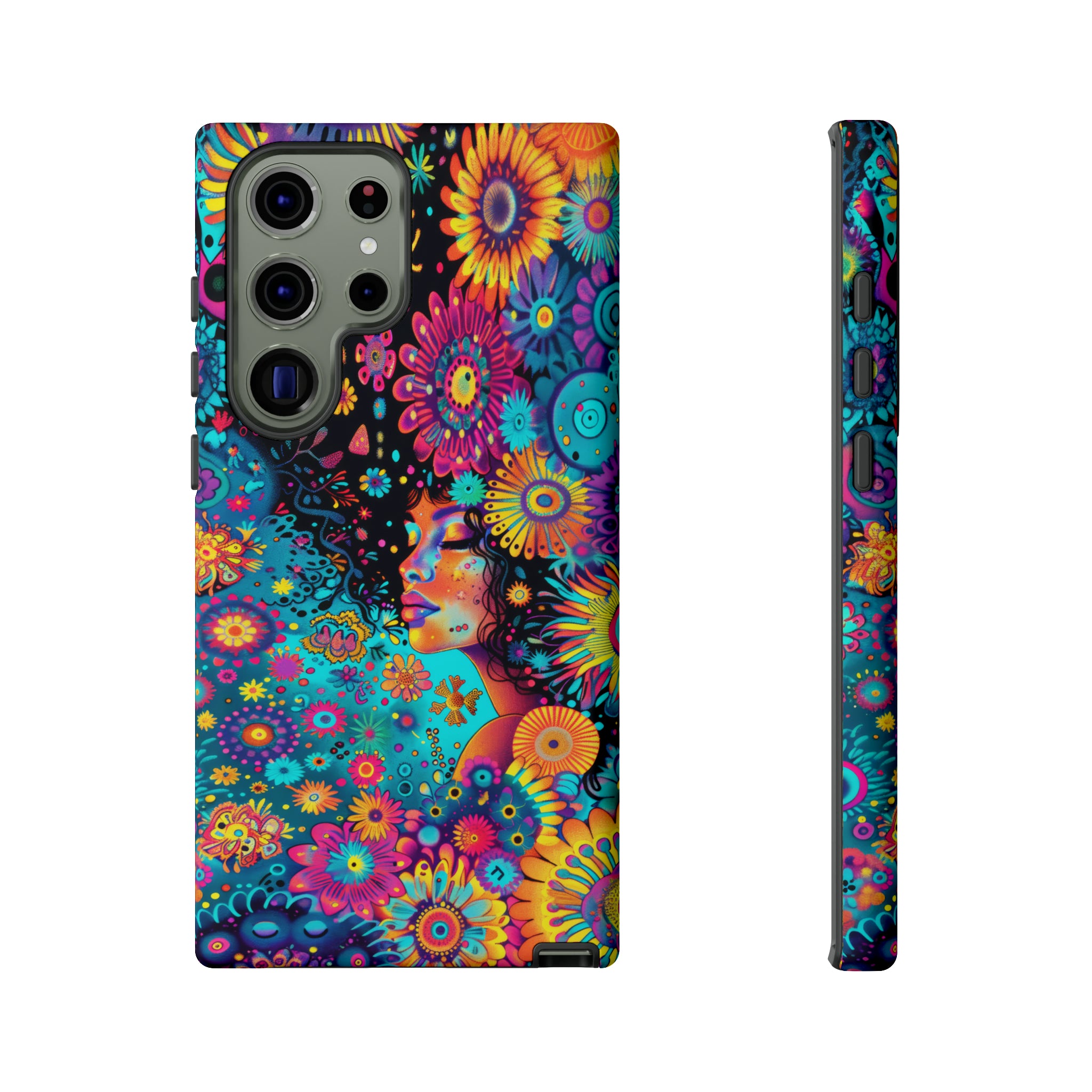 Phone Case, 1970's inspired flower girl, Artistic design, Tough Case, Colorful whimsical flower fantasy design, iPhone 15, 14, 13, 12, 11, Samsung, Pixel