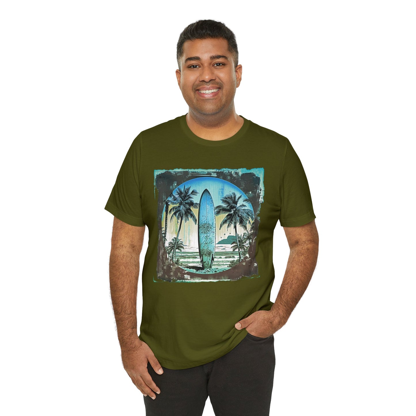Blue board on the beach Unisex Jersey Short Sleeve Tee