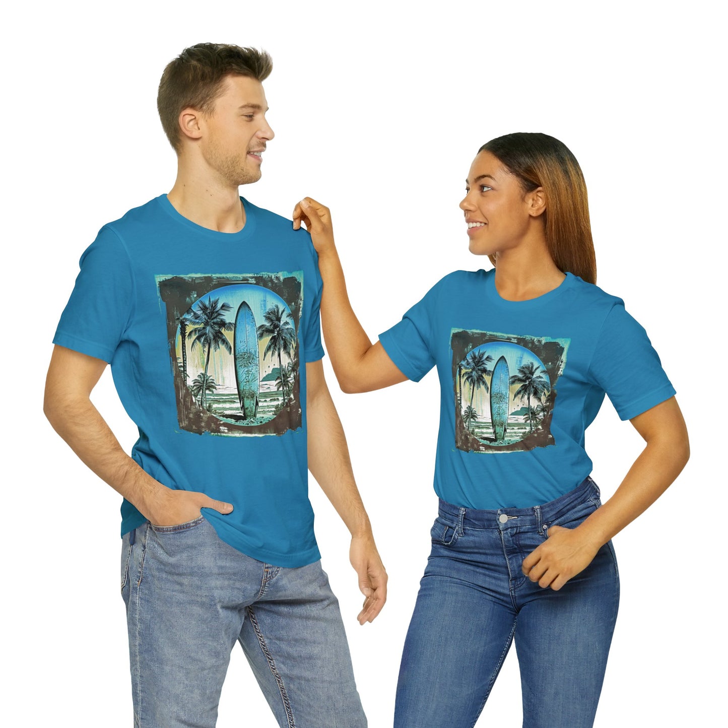 Blue board on the beach Unisex Jersey Short Sleeve Tee