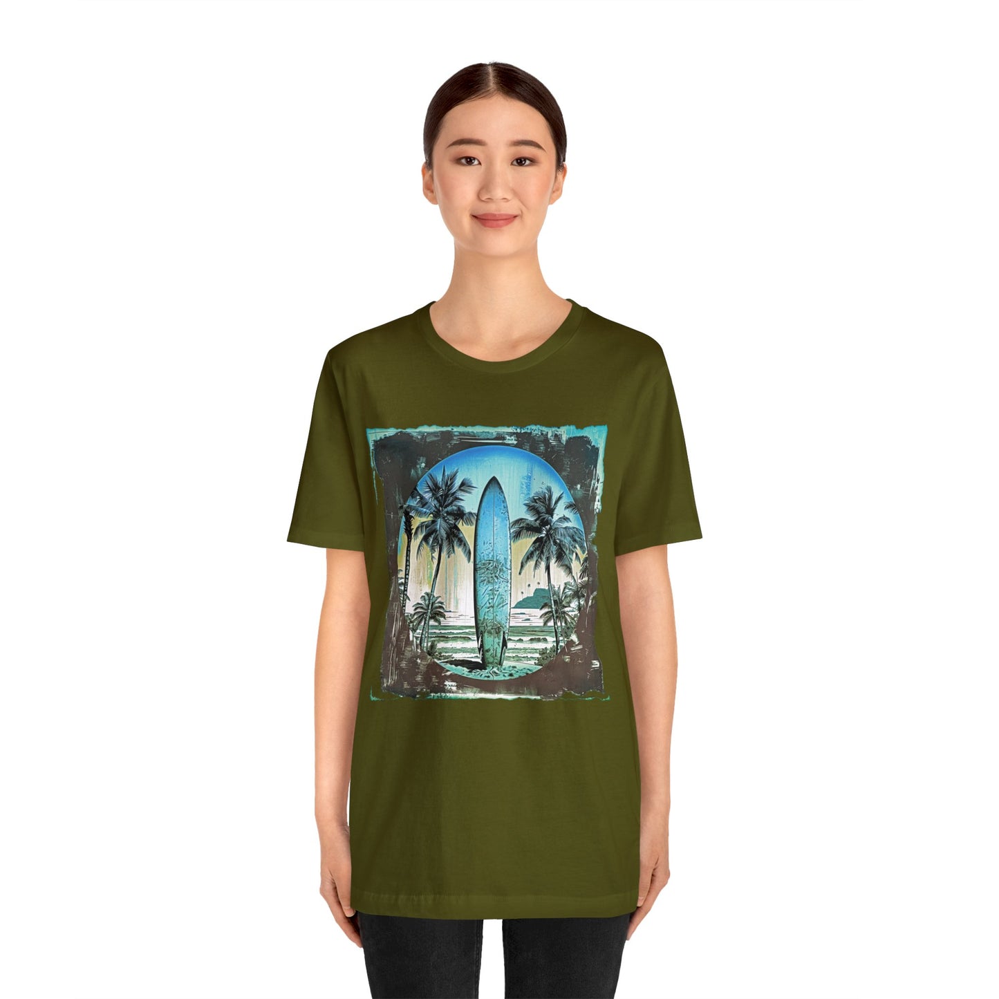 Blue board on the beach Unisex Jersey Short Sleeve Tee
