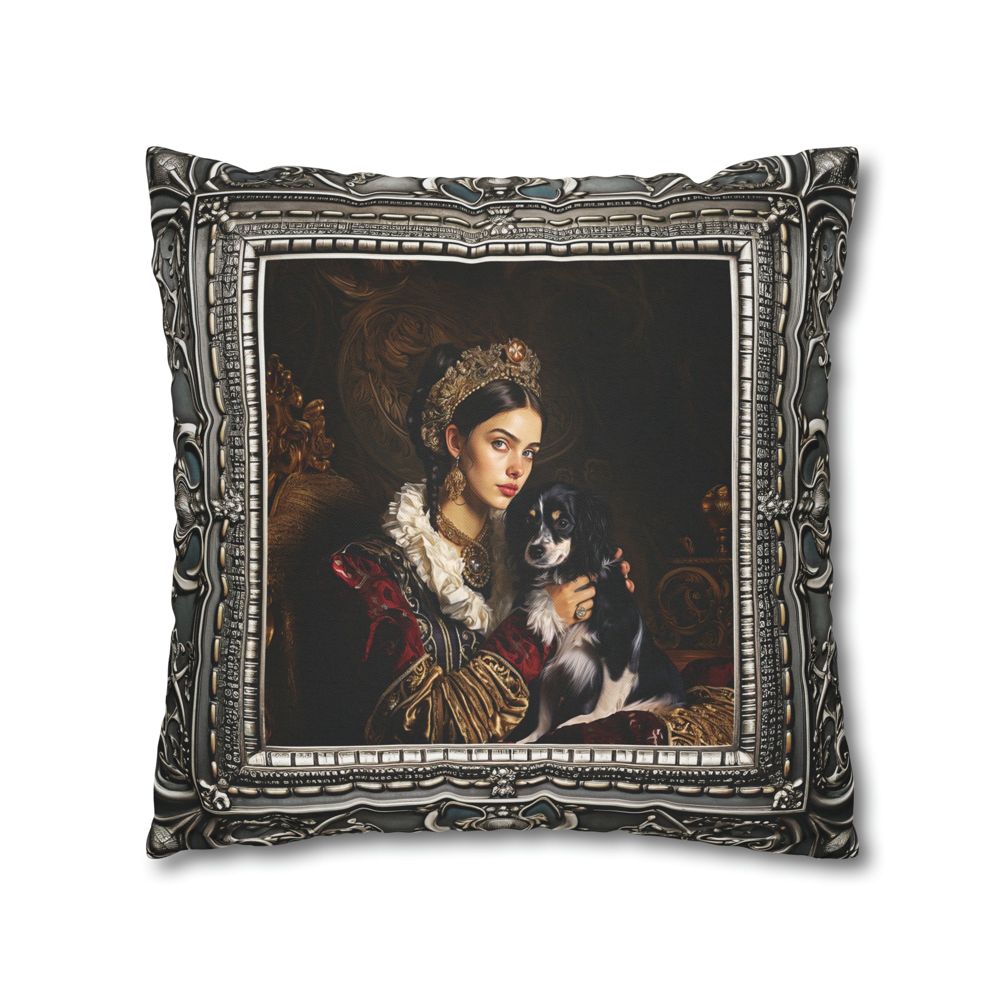 Square Pillow Case 18" x 18", CASE ONLY, no pillow form, original Art ,a Painting of Nobleman's Daughter with her Dog Antique Frame