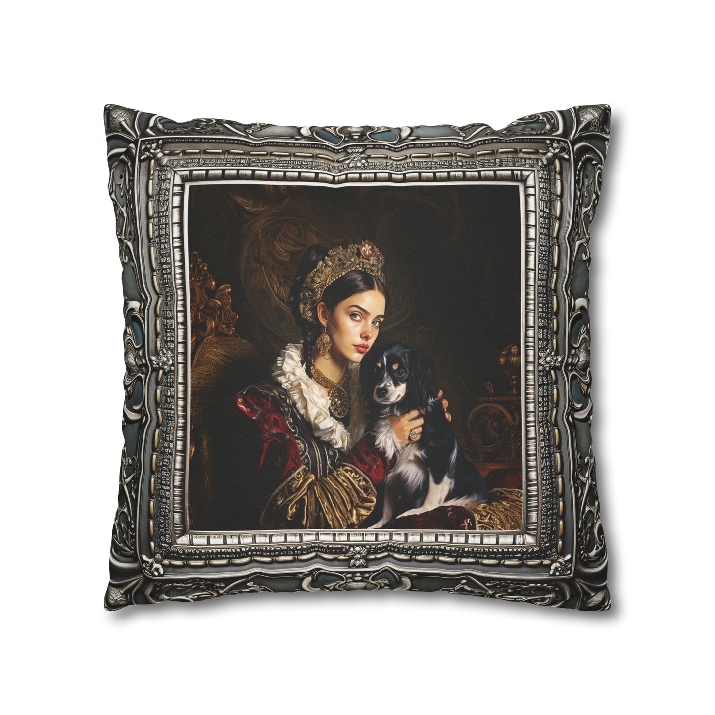 Square Pillow Case 18" x 18", CASE ONLY, no pillow form, original Art ,a Painting of Nobleman's Daughter with her Dog Antique Frame