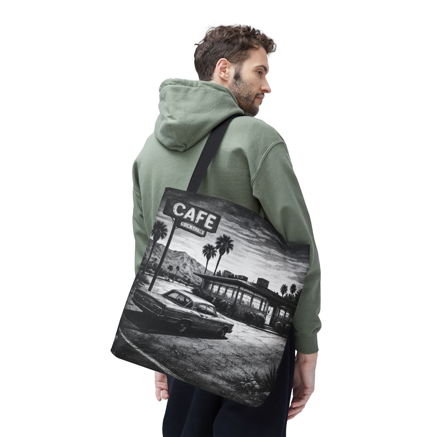 Vintage Diner Scene Tote Bag — Retro Café Black & White AOP, Vintage black & White art