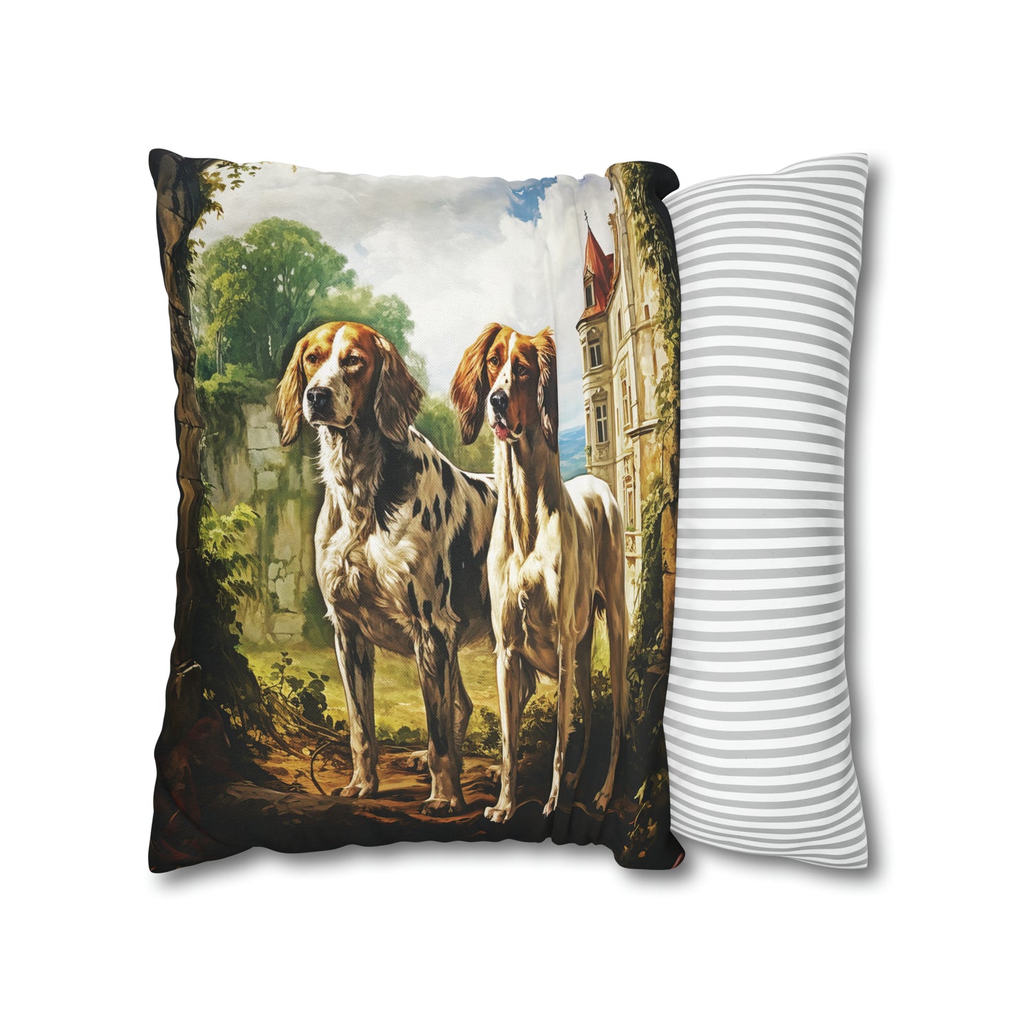Square Pillow Case 18" x 18", CASE ONLY, no pillow form, original Art ,Colorful, Two Dogs at a French Chateau