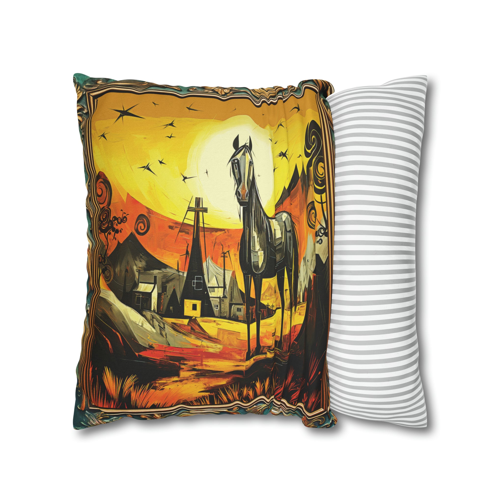Square Pillow Case 18" x 18", CASE ONLY, no pillow form, original Art ,Colorful, Beautiful Abstract Black Horse at Sunset in a Western Village