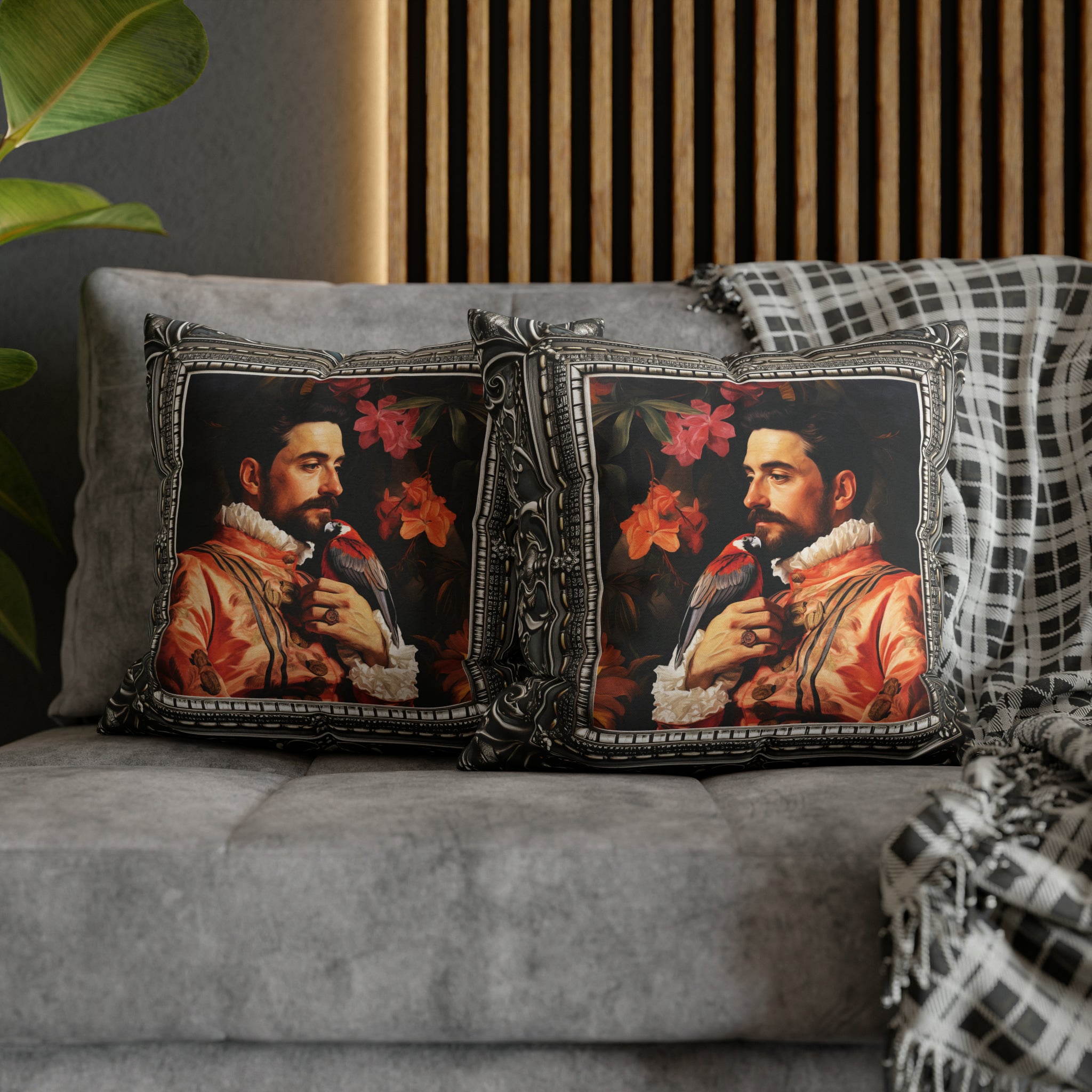 Square Pillow Case 18" x 18", CASE ONLY, no pillow form, original Art ,Colorful, a painting of an Italian Aristocrat and his Bird, Antique Frame