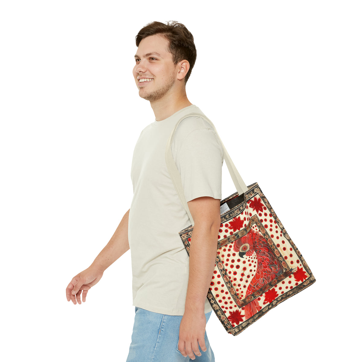 CanvasTote Bag, vintage inspired red cockatoo design, whimsical colorful printed bag, accessory tote , three sizes, all over print