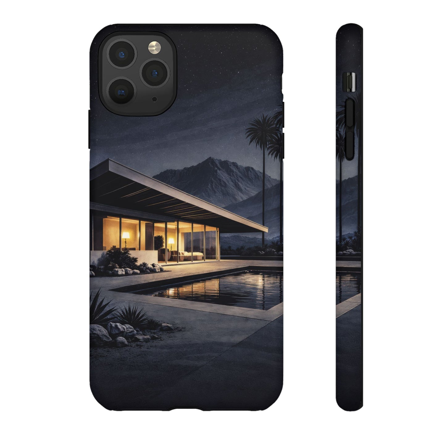 Modern Palm Springs House Phone Case — Mid-Century Poolside Evening Scene