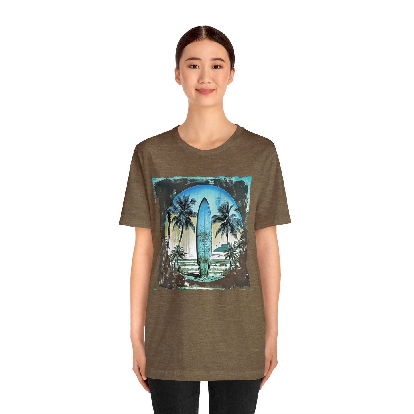 Blue board on the beach Unisex Jersey Short Sleeve Tee