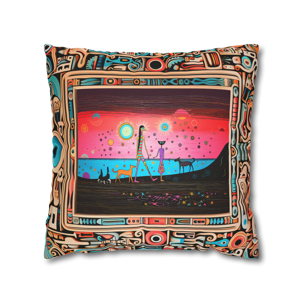 Square Pillow Case 18" x 18", CASE ONLY, no pillow form, original Pop Art Style, Walking on Black Sand Beach, in a Frame