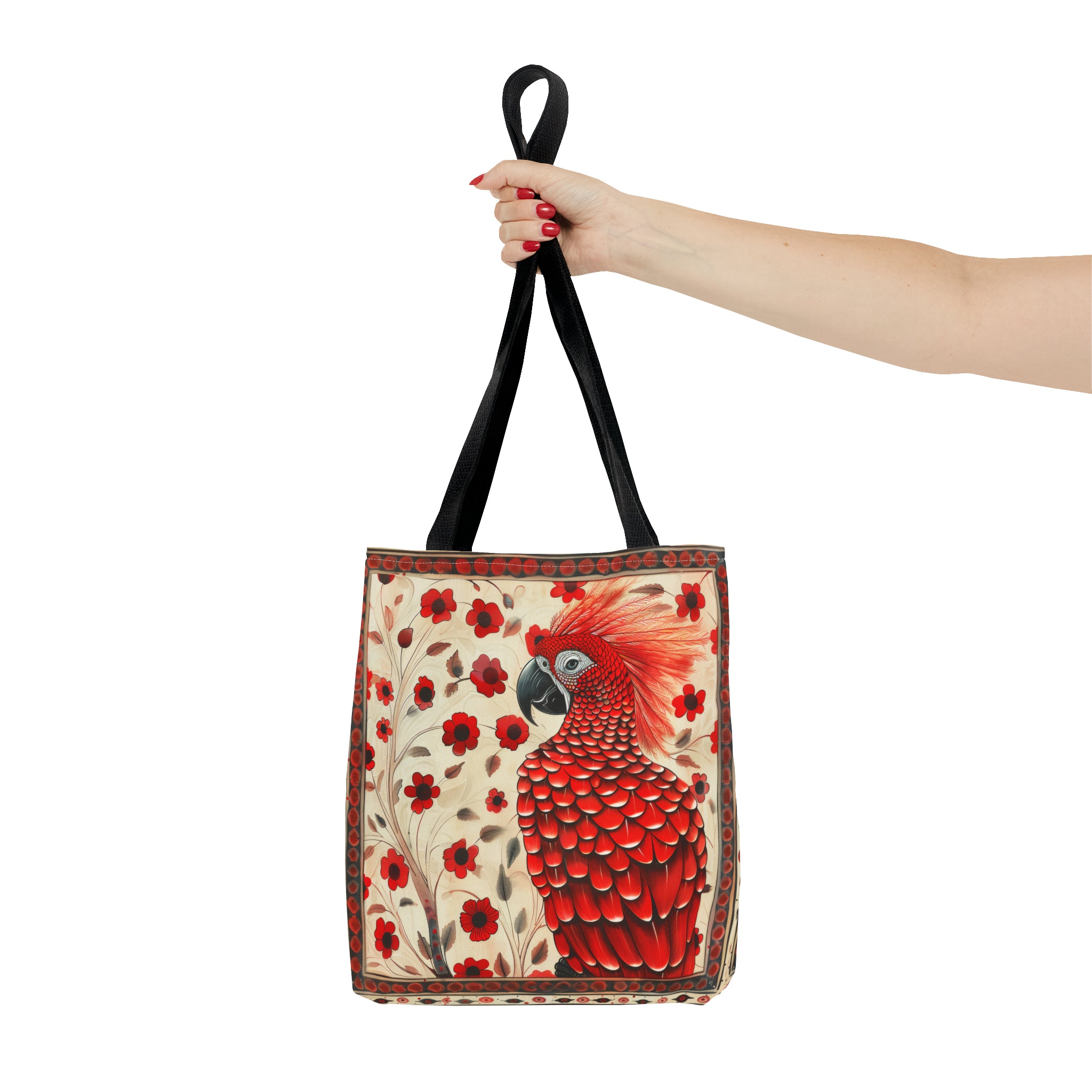 CanvasTote Bag, vintage inspired red parrot design, whimsical colorful bird printed bag, accessory tote , three sizes, all over print
