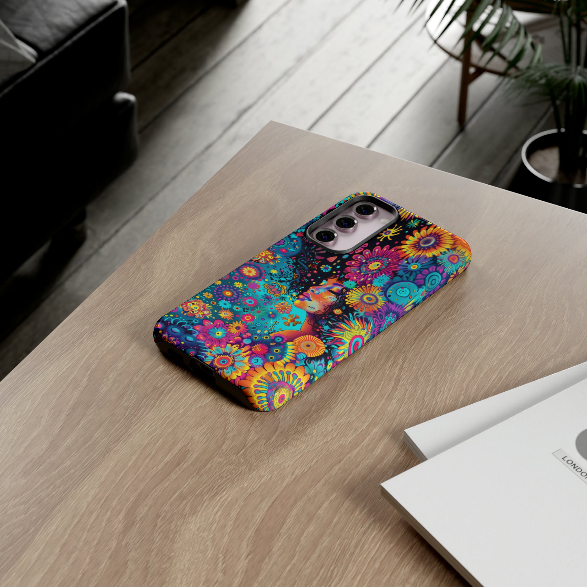 Phone Case, 1970's inspired flower girl, Artistic design, Tough Case, Colorful whimsical flower fantasy design, iPhone 15, 14, 13, 12, 11, Samsung, Pixel