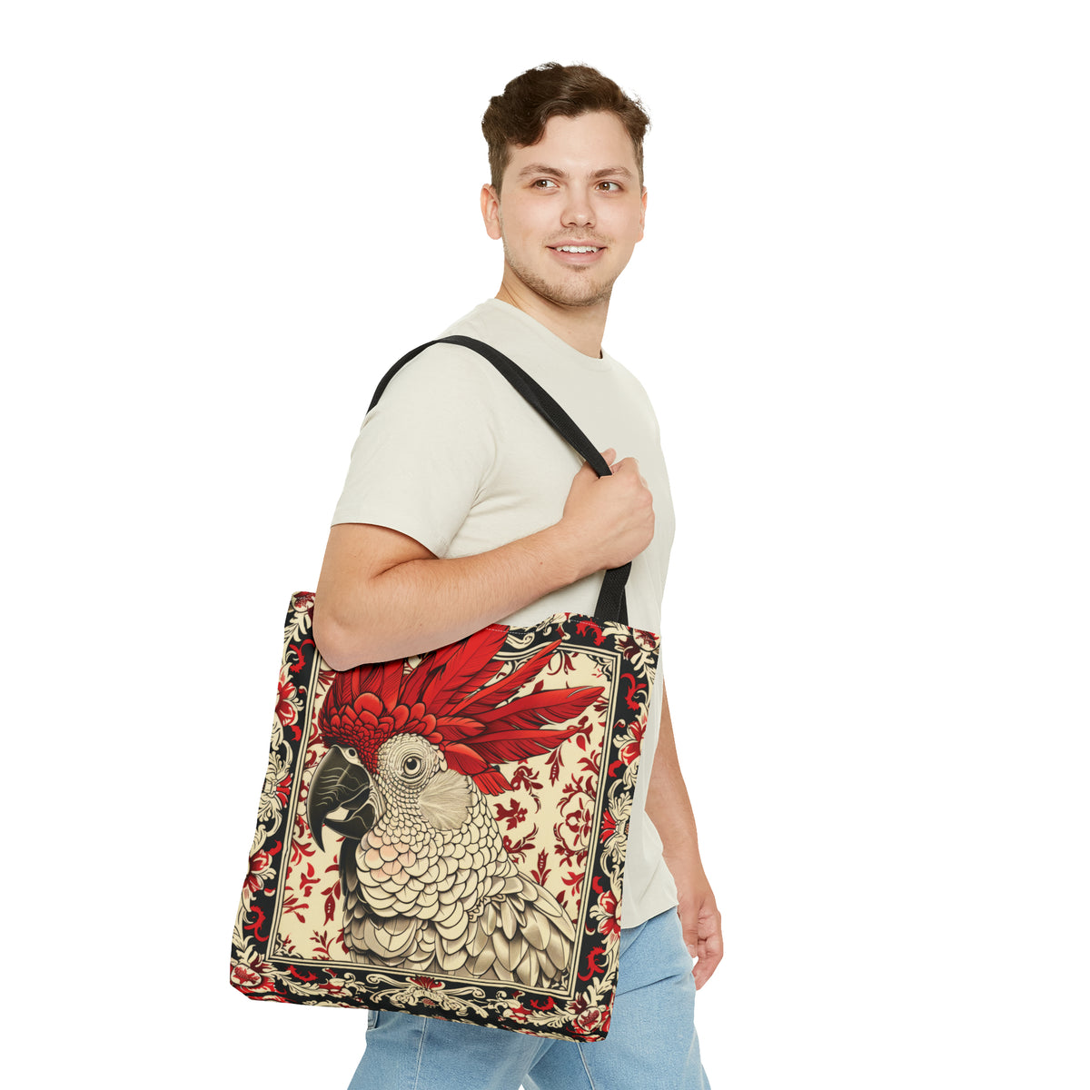 Canvas Tote Bag, vintage inspired cockatoo design, vibrant artistic accessory, whimsical all over print bag, three sizes