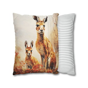 Square Pillow Case 18" x 18", CASE ONLY, no pillow form, original Art ,Colorful, a Mother and Joey in the Tall Golden Grass
