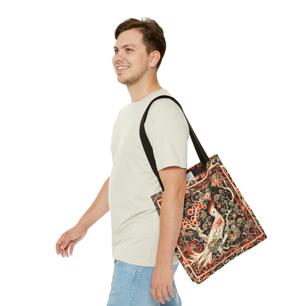 Canvas Tote Bag, vintage inspired bird design, vibrant artistic accessory, whimsical all over print bag in three sizes, cockatiel design