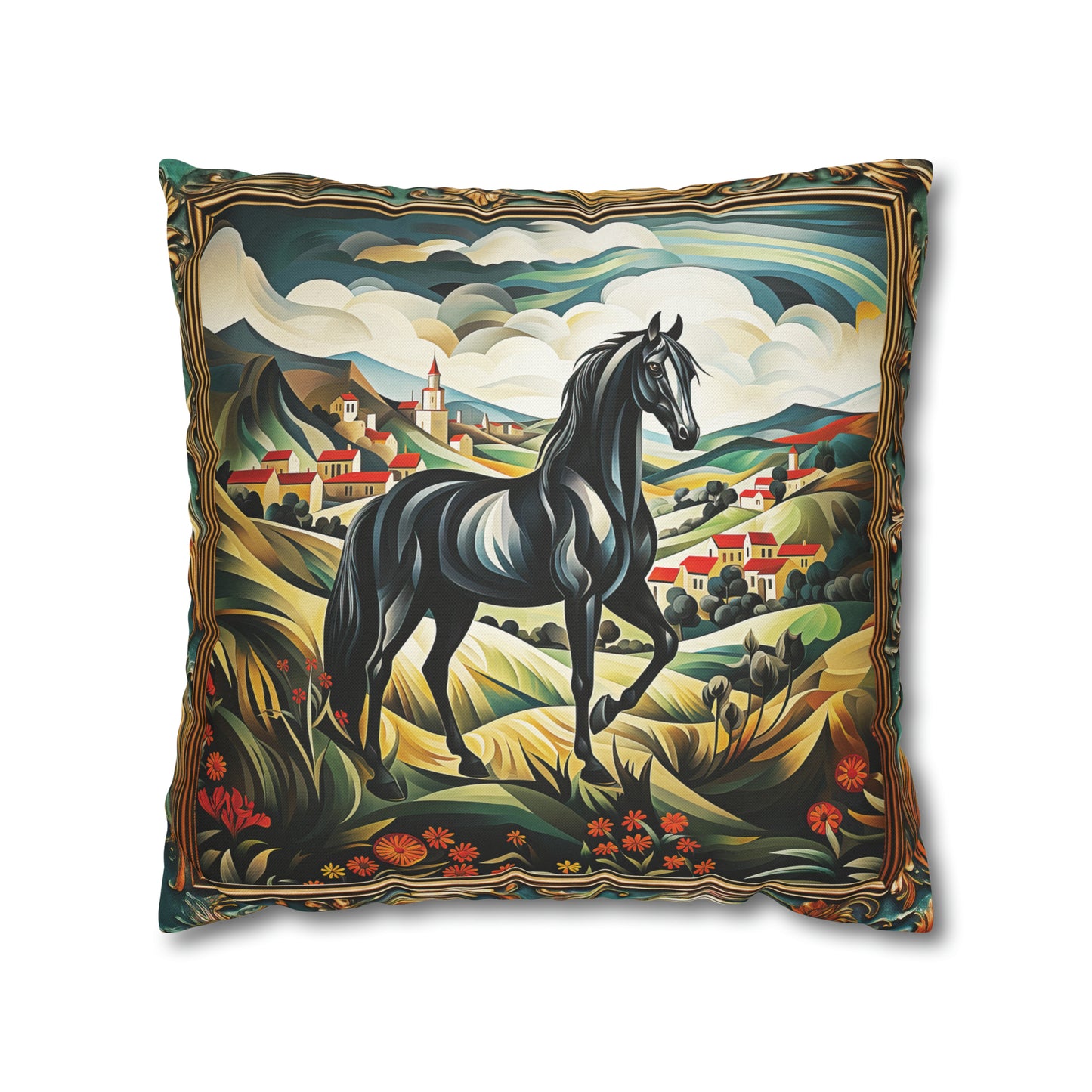 Square Pillow Case 18" x 18", CASE ONLY, no pillow form, original Art ,Colorful, Beautiful Black Stallion on a Spanish Landscape
